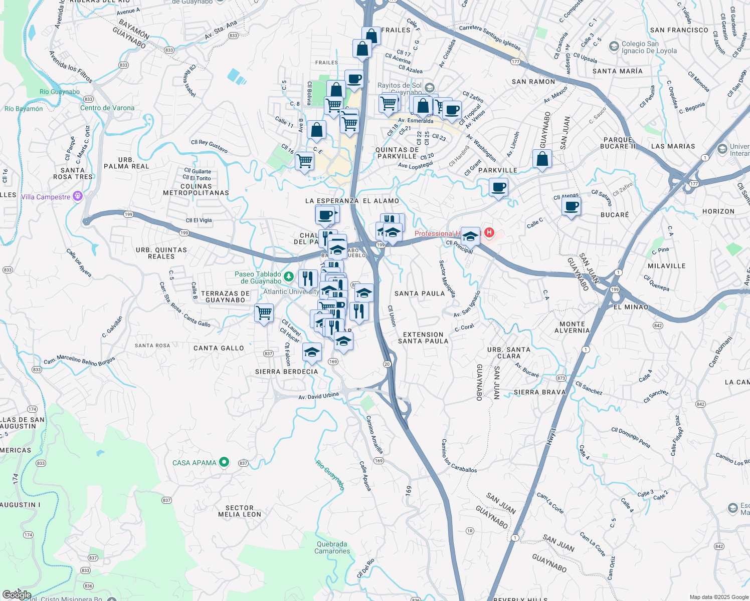 map of restaurants, bars, coffee shops, grocery stores, and more near 20 in Guaynabo