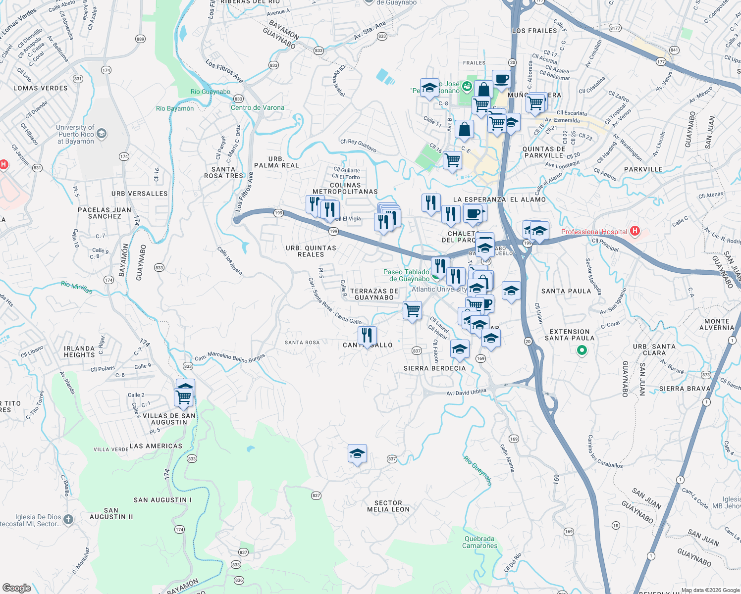 map of restaurants, bars, coffee shops, grocery stores, and more near Blvd Las Flores in Guaynabo