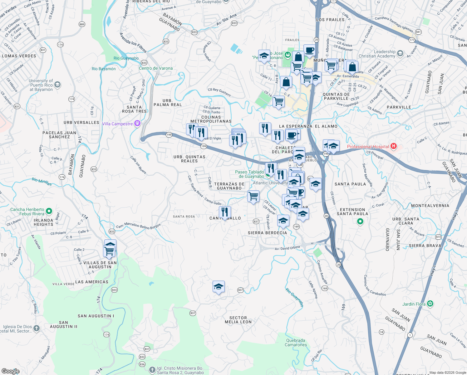 map of restaurants, bars, coffee shops, grocery stores, and more near in Guaynabo