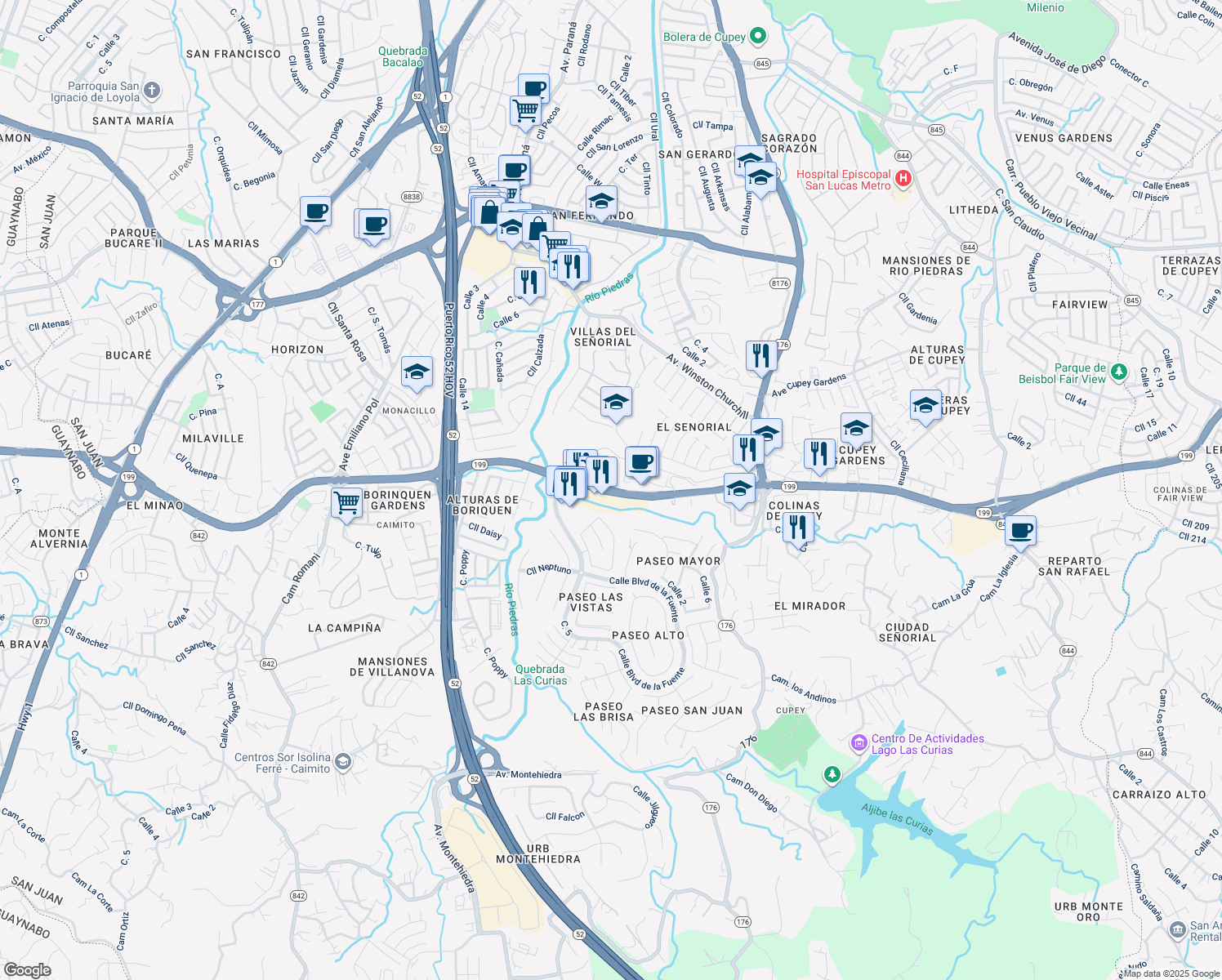 map of restaurants, bars, coffee shops, grocery stores, and more near Avenida Doña Felisa Rincón de Gautier in San Juan