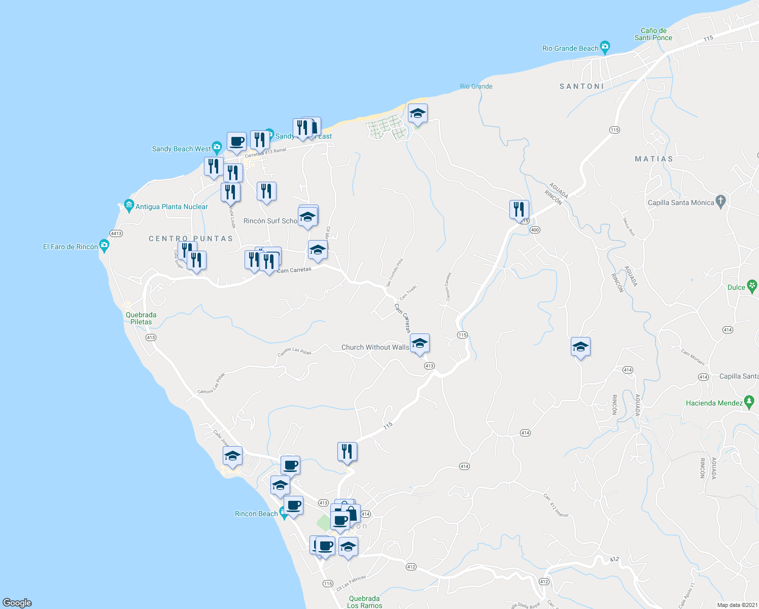 map of restaurants, bars, coffee shops, grocery stores, and more near Calle Cipreses in Aguada