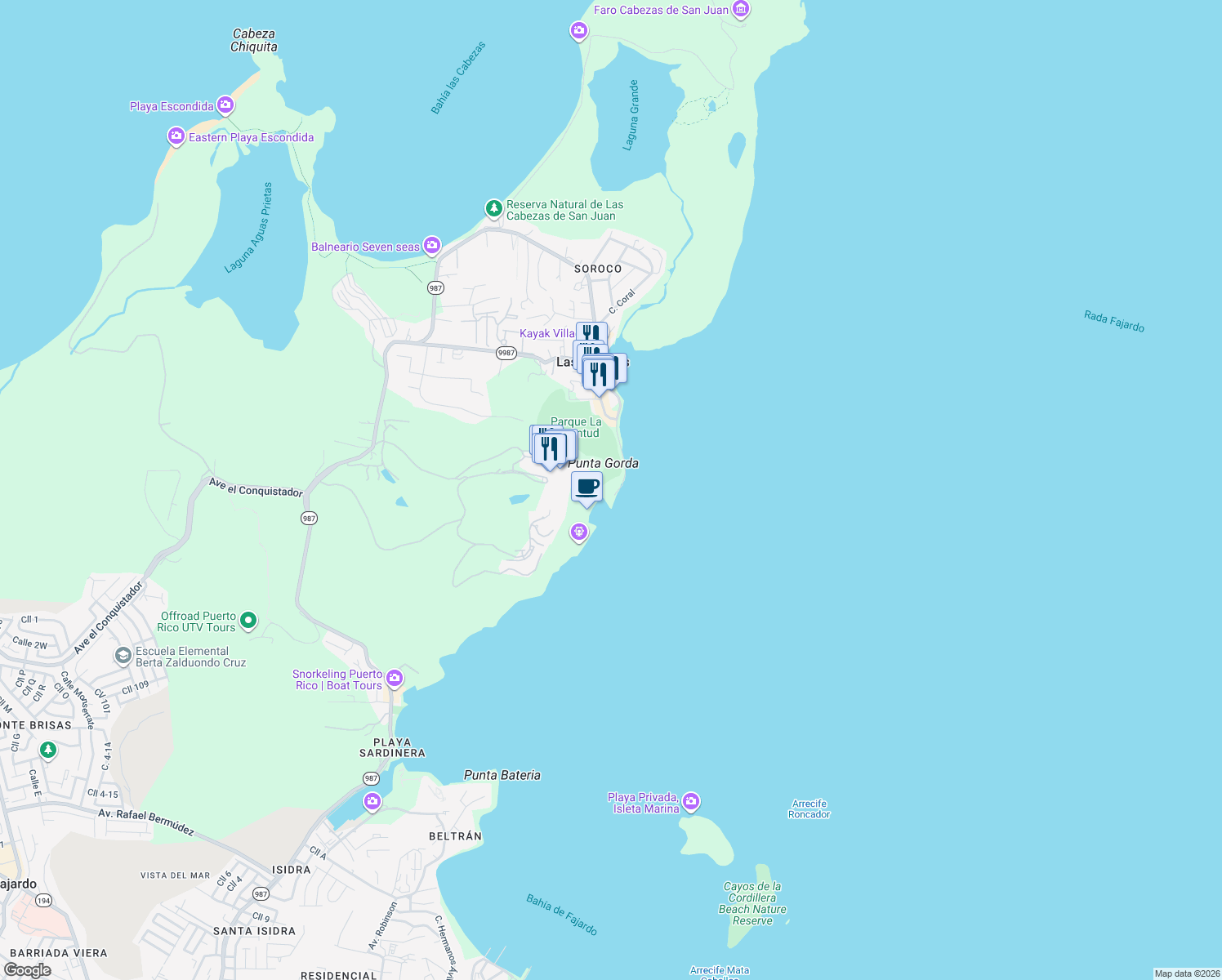 map of restaurants, bars, coffee shops, grocery stores, and more near in Cabezas