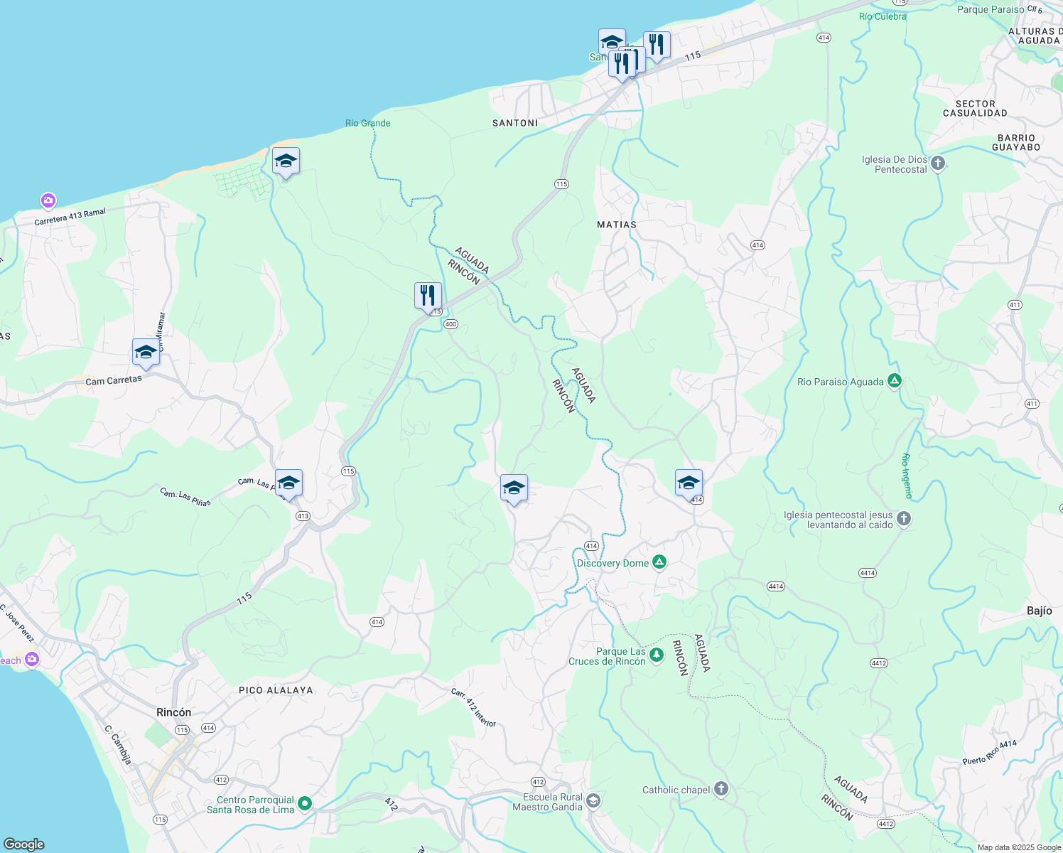 map of restaurants, bars, coffee shops, grocery stores, and more near in Rincon