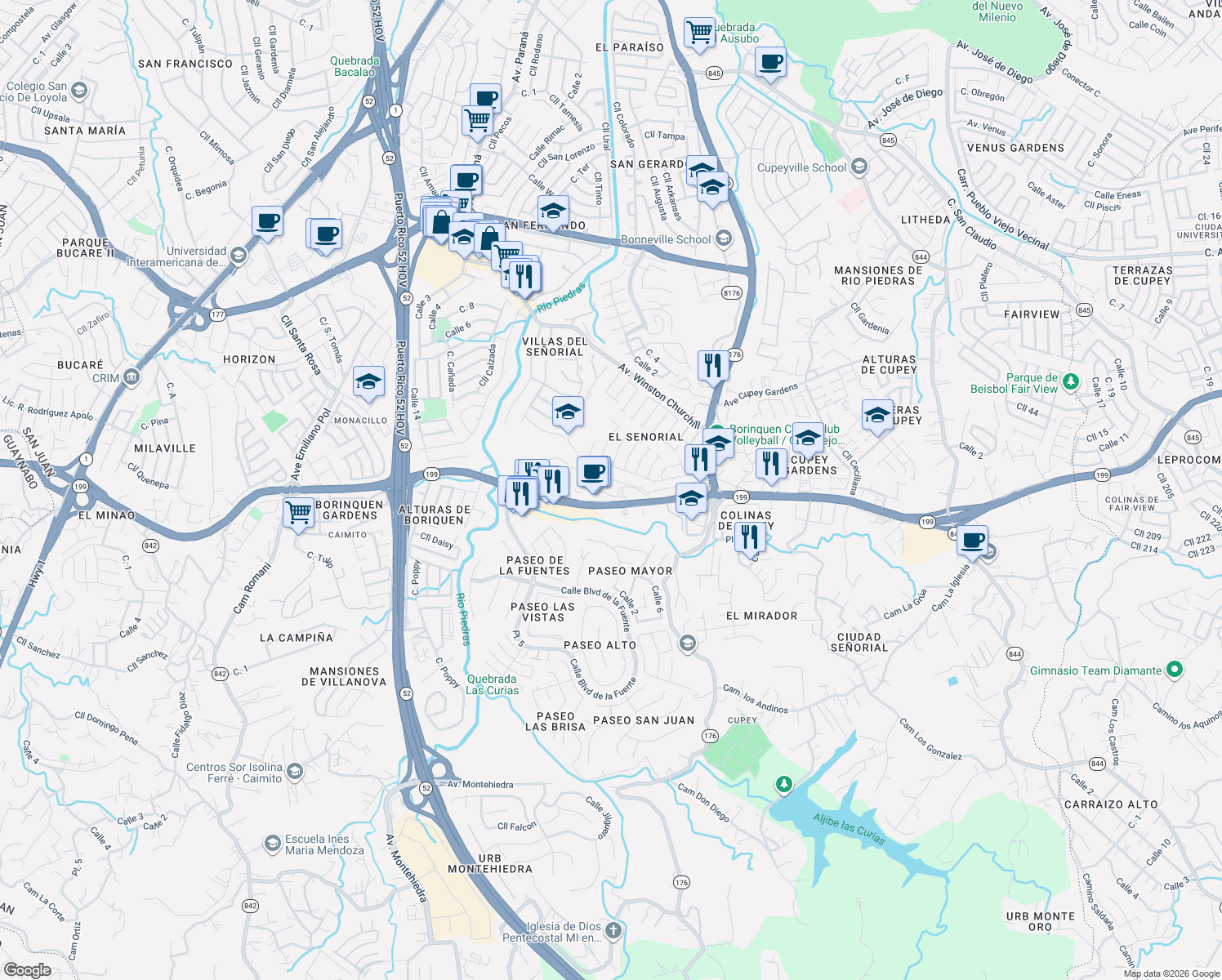 map of restaurants, bars, coffee shops, grocery stores, and more near Madre Teresa Jornet in San Juan