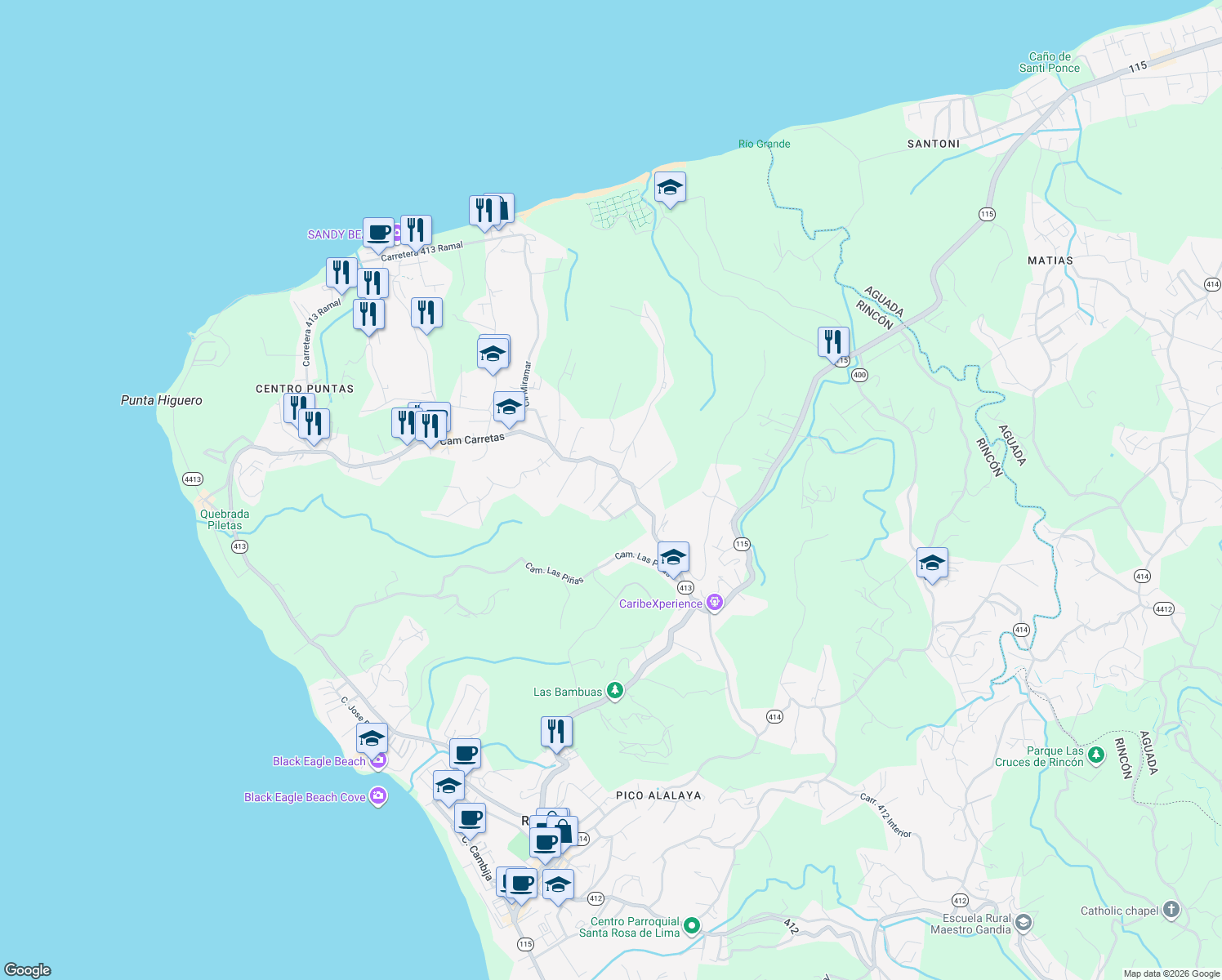 map of restaurants, bars, coffee shops, grocery stores, and more near Cll Cipreses in Aguada