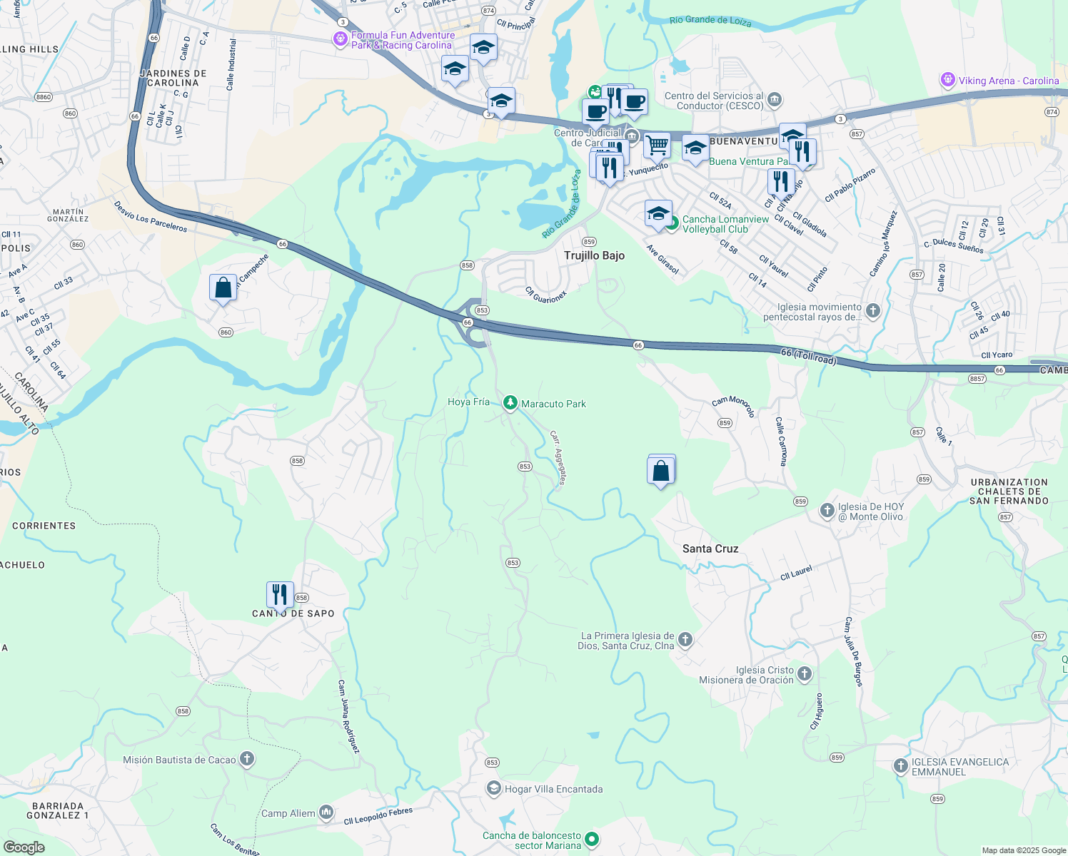 map of restaurants, bars, coffee shops, grocery stores, and more near Carr Pr Aggegates in Carolina