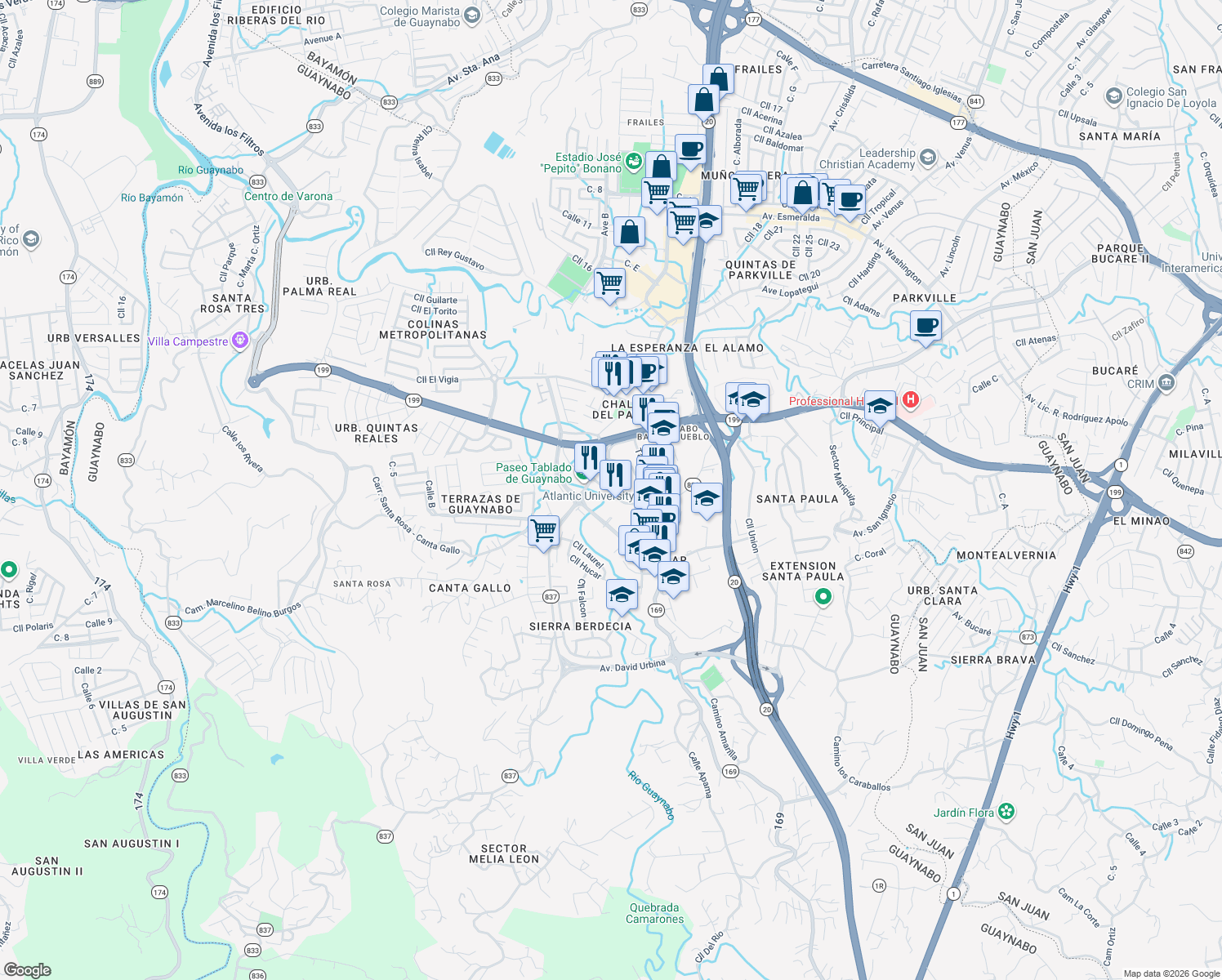 map of restaurants, bars, coffee shops, grocery stores, and more near Estrada Gilberto Palú in Guaynabo
