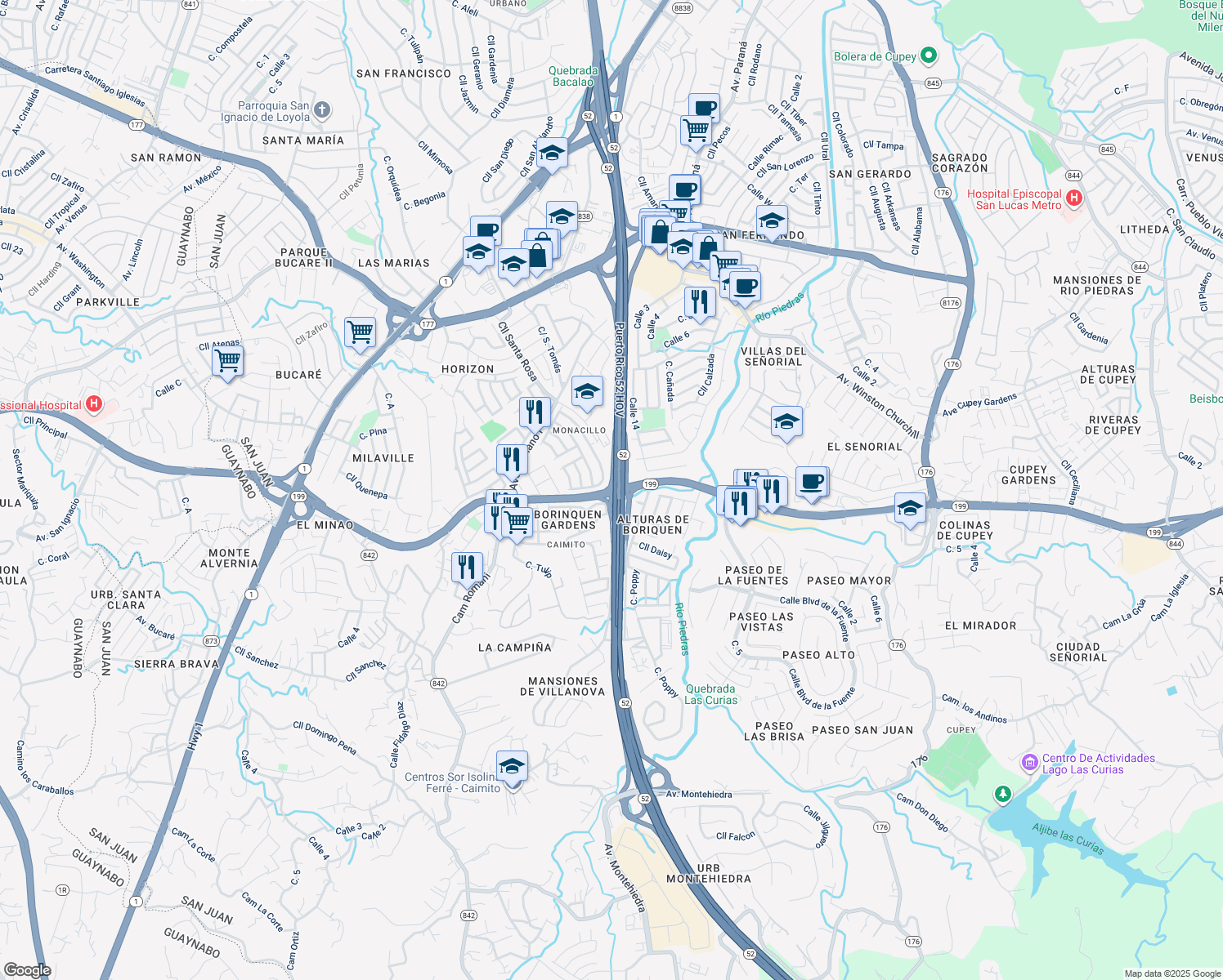 map of restaurants, bars, coffee shops, grocery stores, and more near Avenida Las Cumbres in San Juan