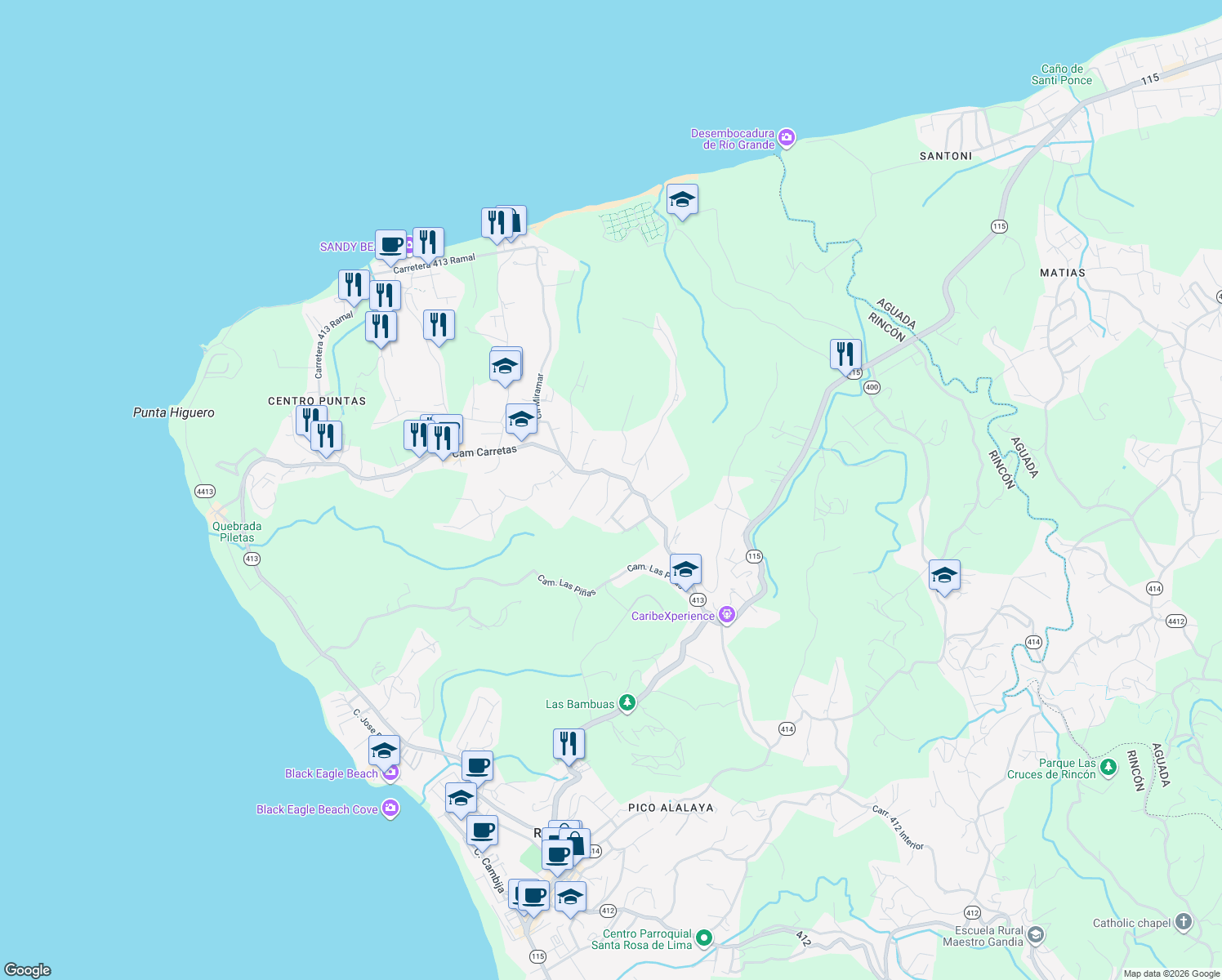 map of restaurants, bars, coffee shops, grocery stores, and more near Cll Cipreses in Aguada