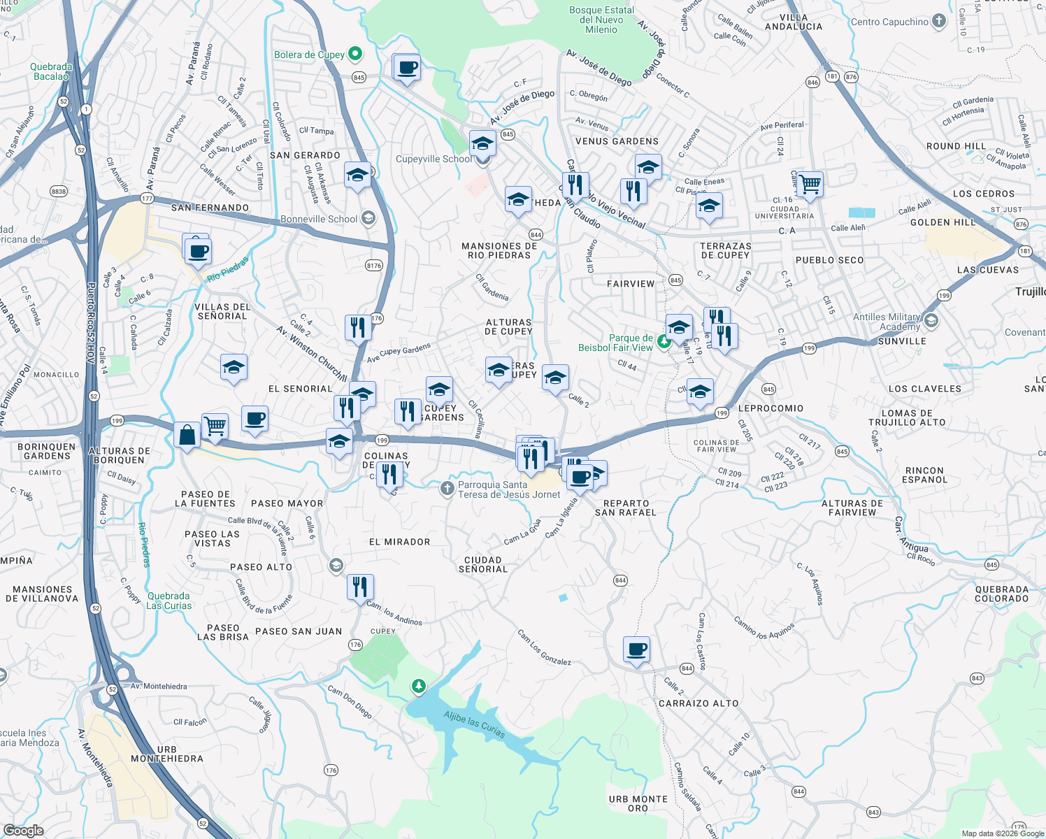 map of restaurants, bars, coffee shops, grocery stores, and more near 29 Calle Marfil in San Juan