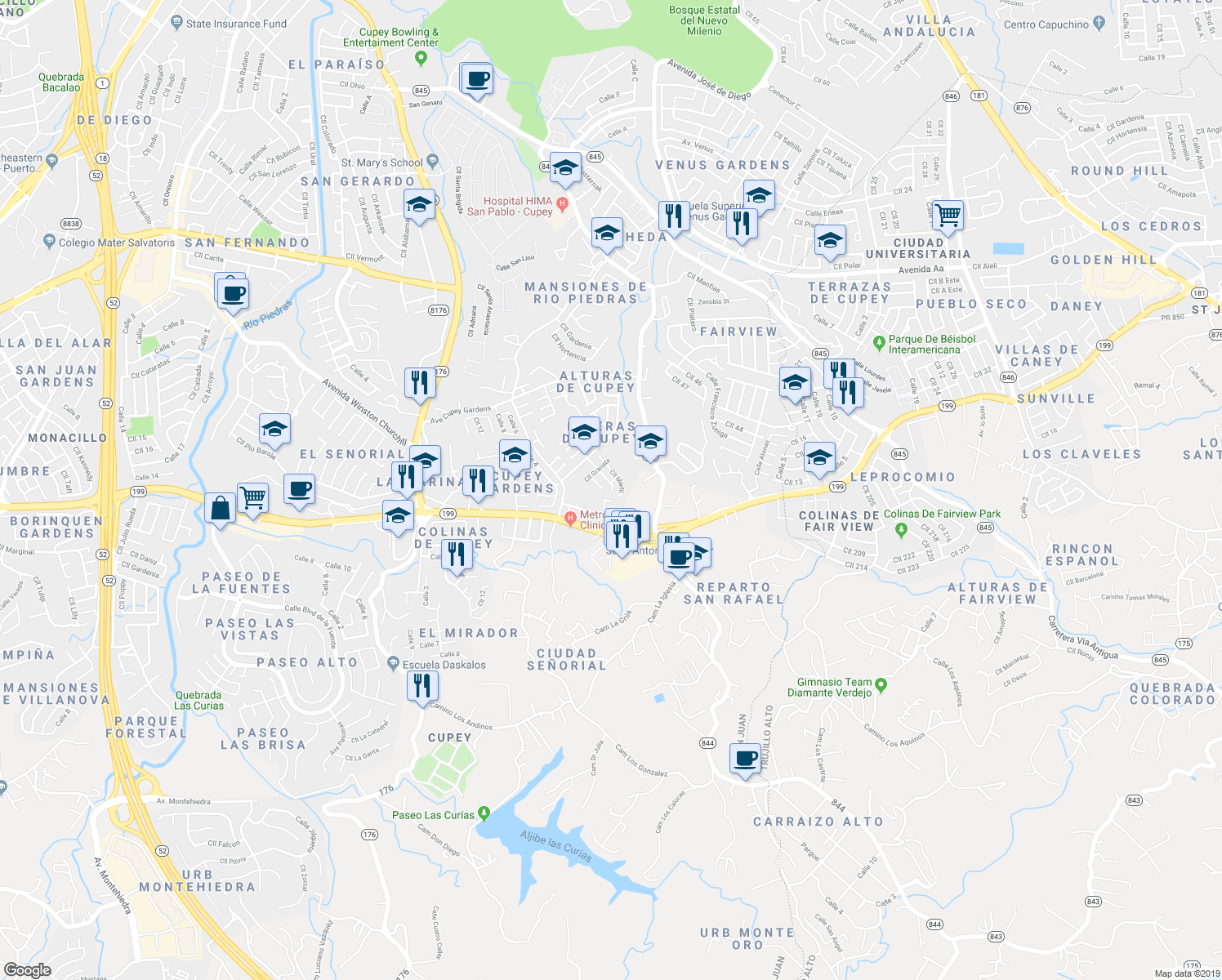 map of restaurants, bars, coffee shops, grocery stores, and more near 29 Calle Marfil in San Juan