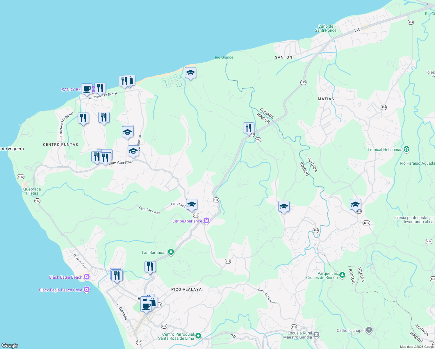 map of restaurants, bars, coffee shops, grocery stores, and more near in Río Grande