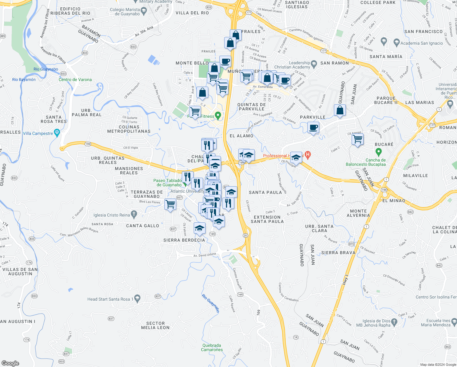 map of restaurants, bars, coffee shops, grocery stores, and more near Alejandrino Street in Guaynabo