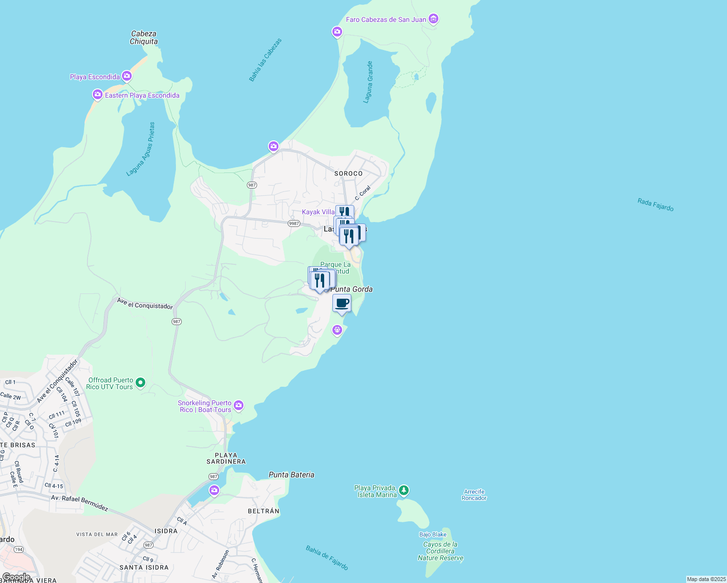 map of restaurants, bars, coffee shops, grocery stores, and more near Unnamed Road in Fajardo