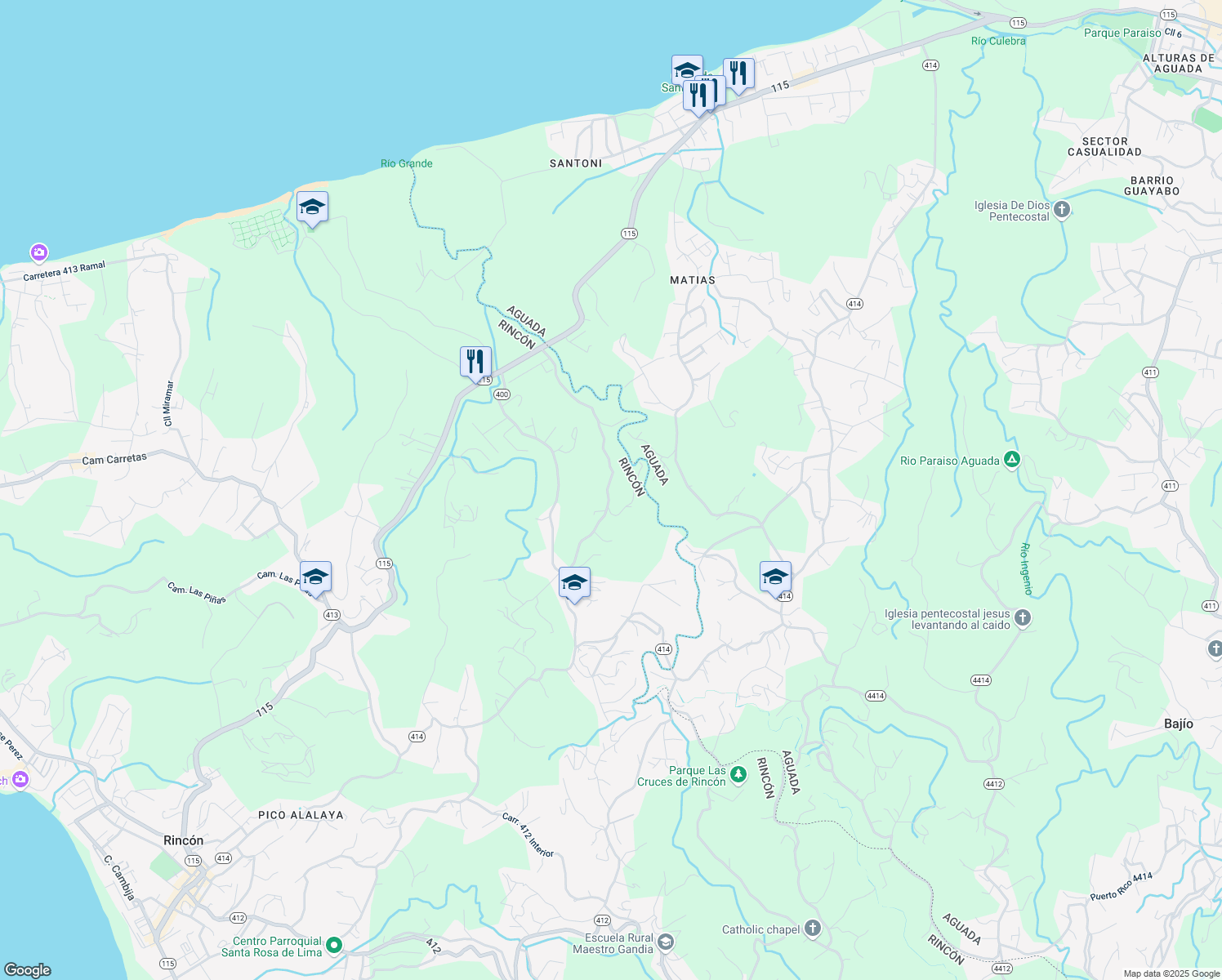 map of restaurants, bars, coffee shops, grocery stores, and more near in Rincon