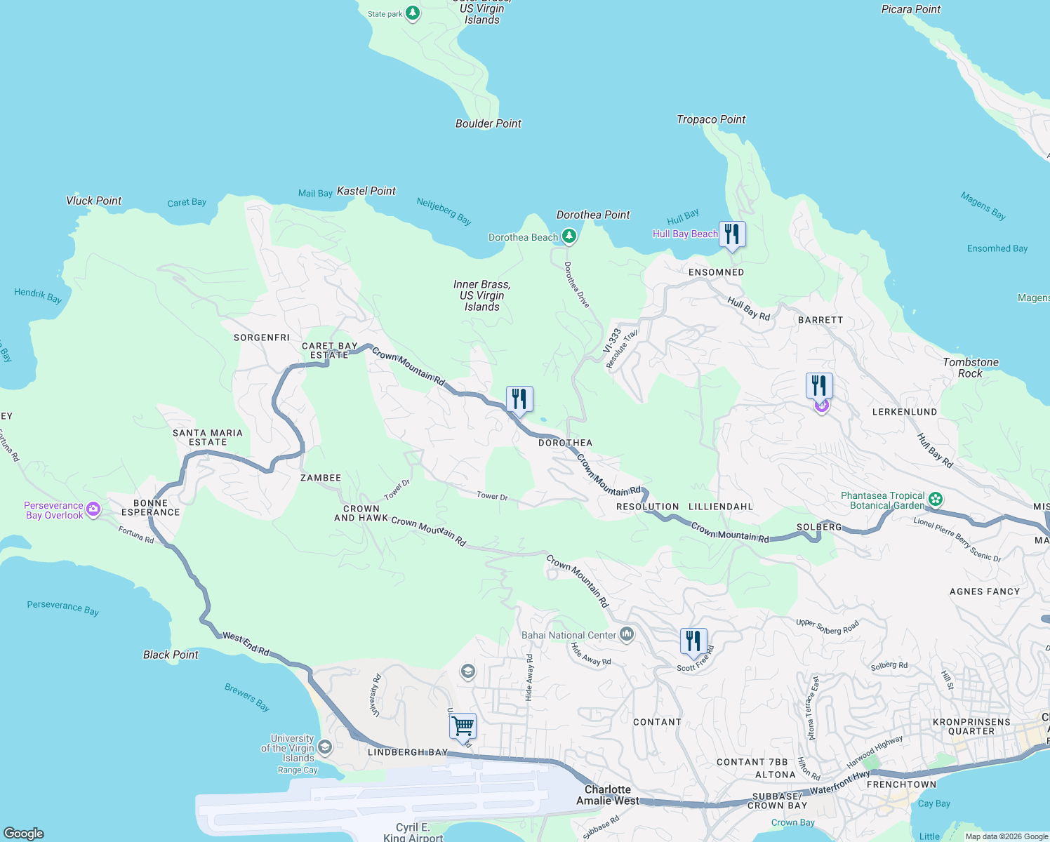 map of restaurants, bars, coffee shops, grocery stores, and more near in Charlotte Amalie West