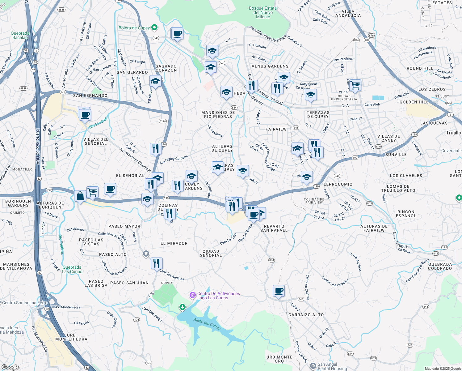 map of restaurants, bars, coffee shops, grocery stores, and more near 29 Calle Marfil in San Juan