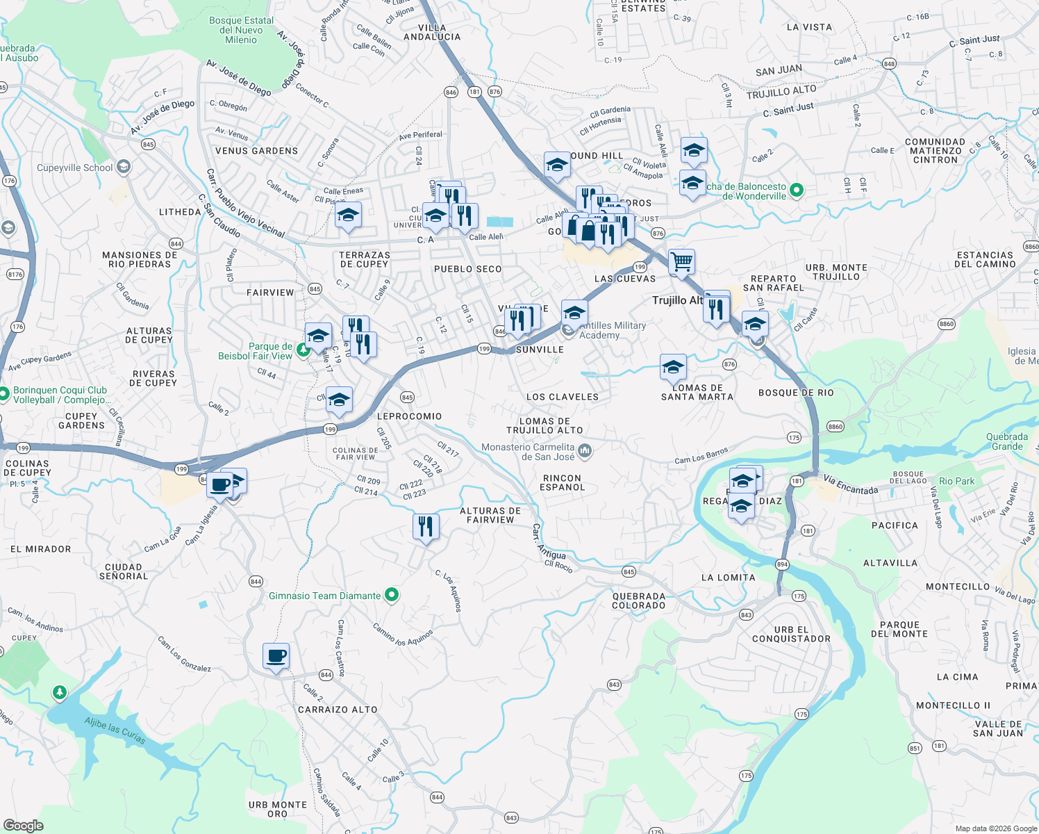 map of restaurants, bars, coffee shops, grocery stores, and more near in Trujillo Alto