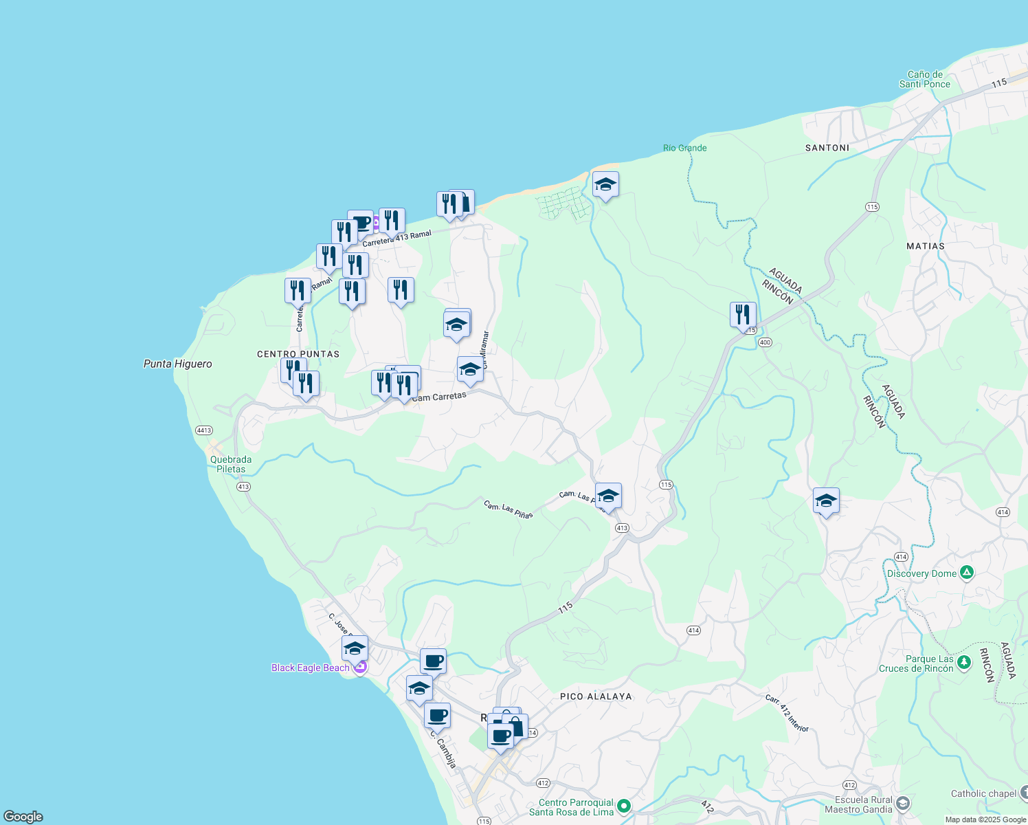 map of restaurants, bars, coffee shops, grocery stores, and more near Camino Carretas in Aguada