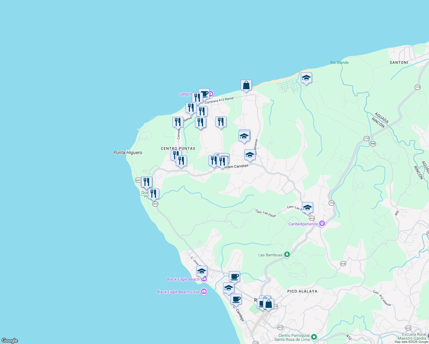 map of restaurants, bars, coffee shops, grocery stores, and more near in Puntas