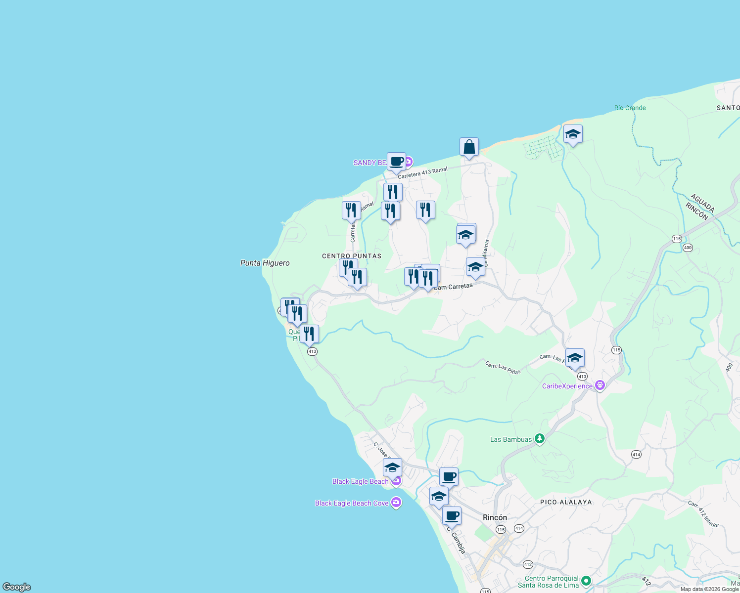 map of restaurants, bars, coffee shops, grocery stores, and more near in Puntas