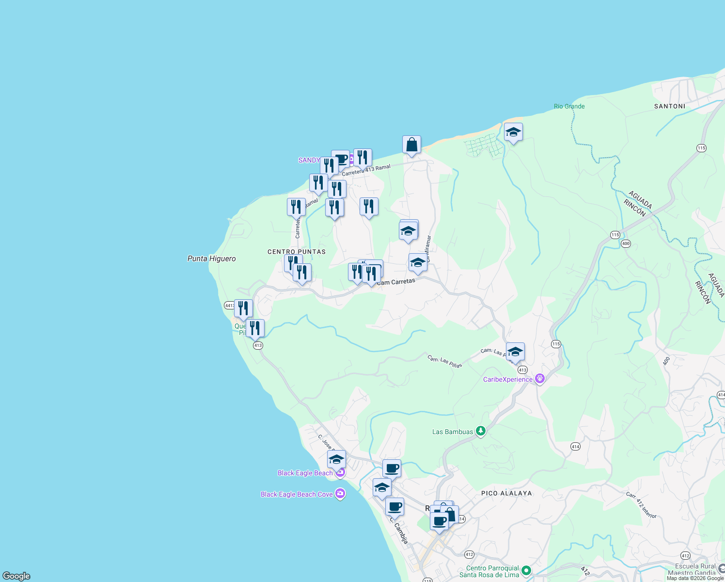 map of restaurants, bars, coffee shops, grocery stores, and more near Camino Carretas in Aguada