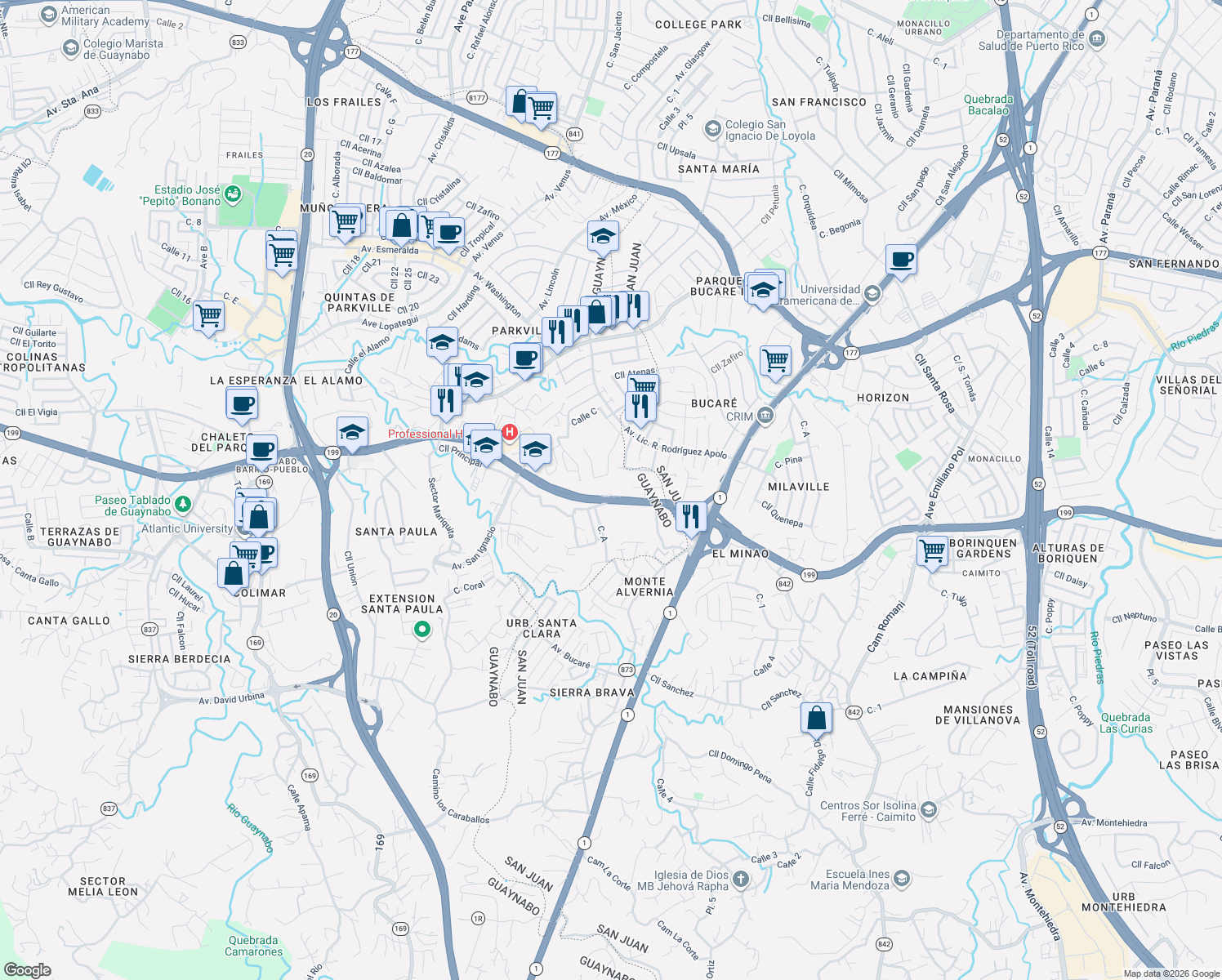 map of restaurants, bars, coffee shops, grocery stores, and more near in Guaynabo