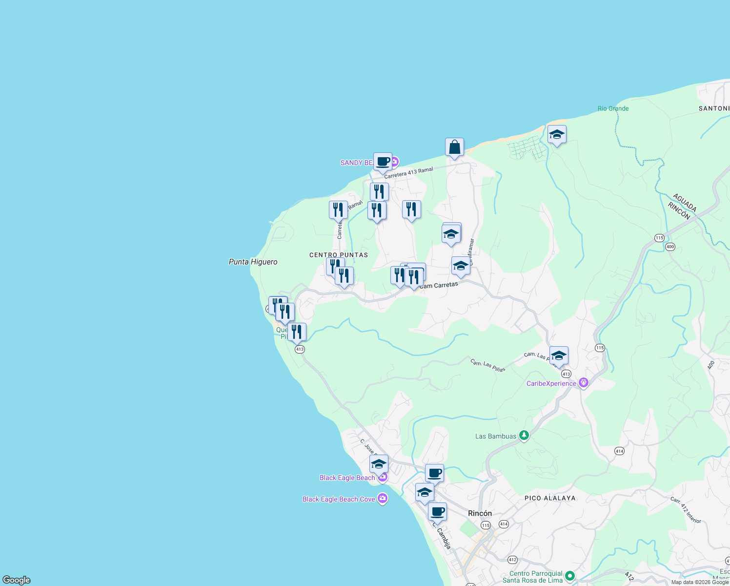 map of restaurants, bars, coffee shops, grocery stores, and more near in Puntas