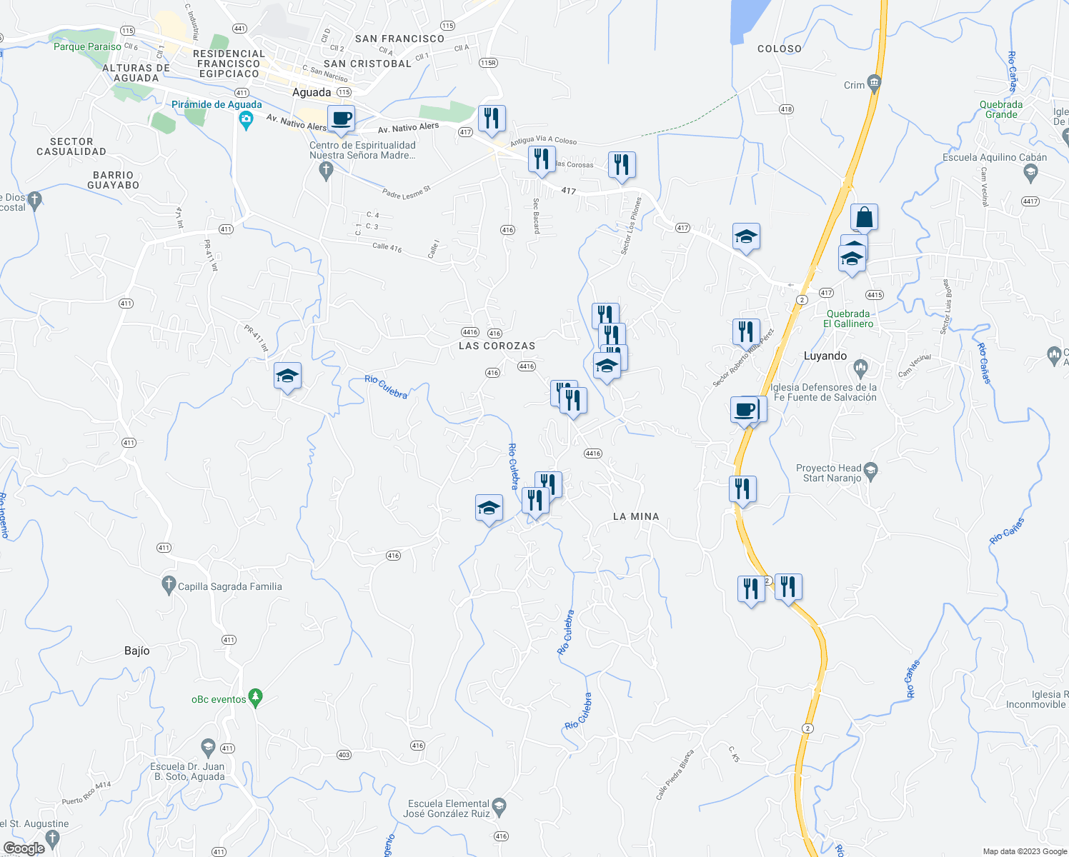 map of restaurants, bars, coffee shops, grocery stores, and more near 4416 in Aguada
