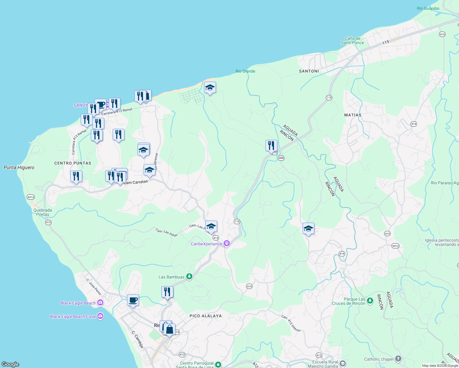 map of restaurants, bars, coffee shops, grocery stores, and more near Camino Tirado in Aguada