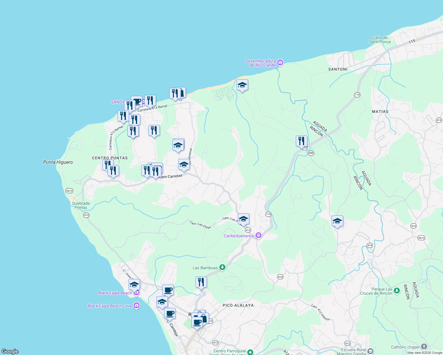 map of restaurants, bars, coffee shops, grocery stores, and more near Camino Carretas in Aguada