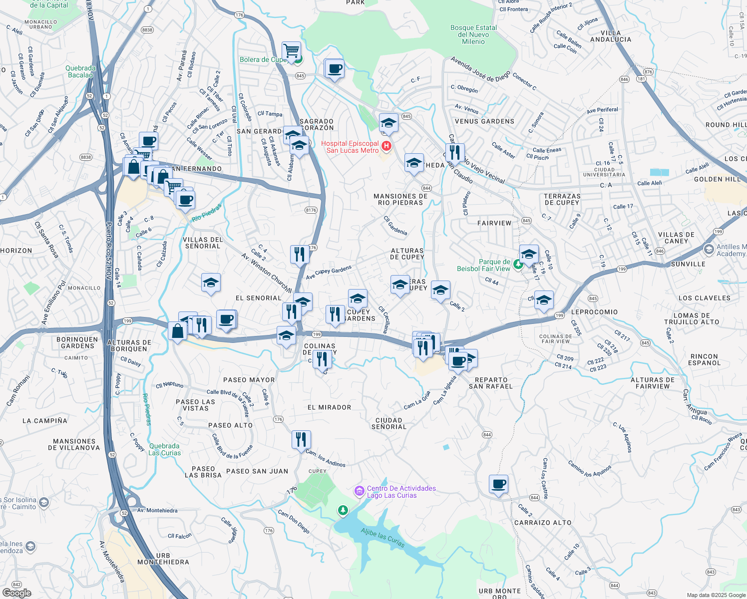 map of restaurants, bars, coffee shops, grocery stores, and more near Calle Ceciliana in San Juan