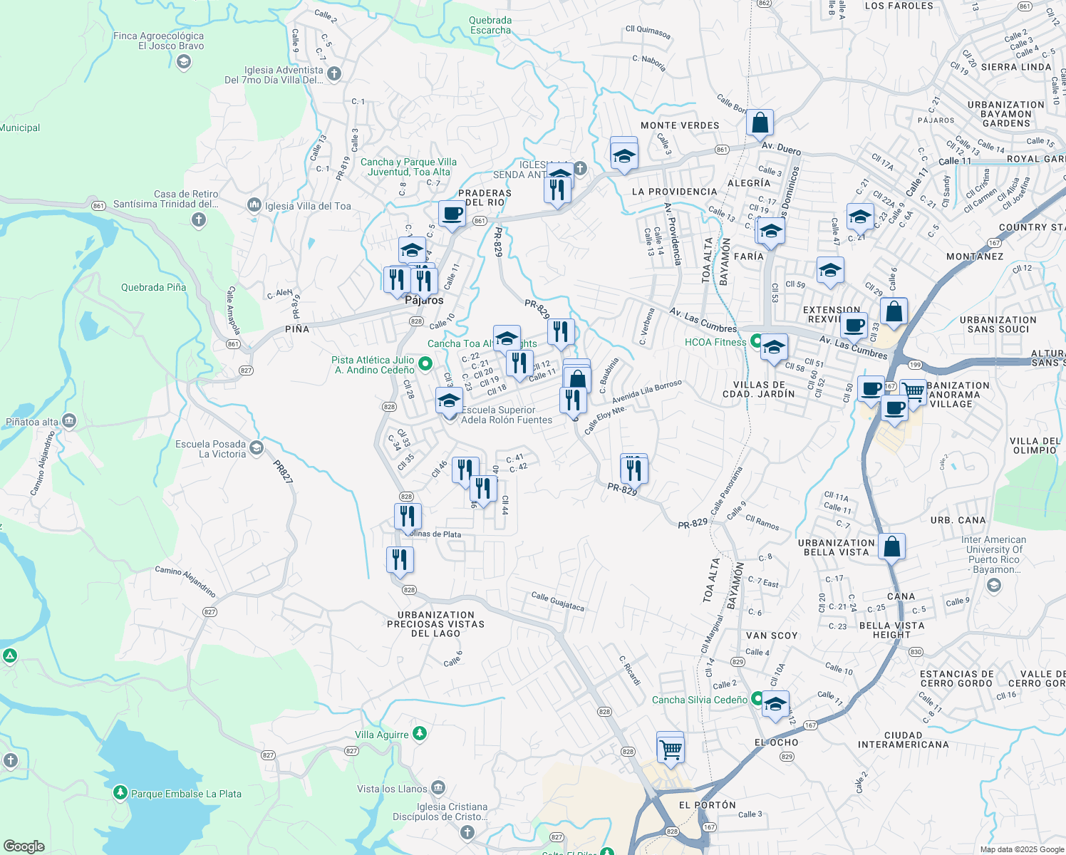 map of restaurants, bars, coffee shops, grocery stores, and more near Calle 4 in Toa Alta
