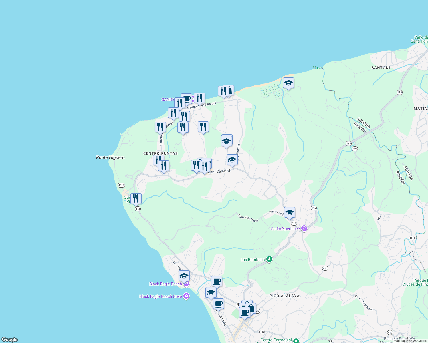 map of restaurants, bars, coffee shops, grocery stores, and more near Camino Carretas in Aguada