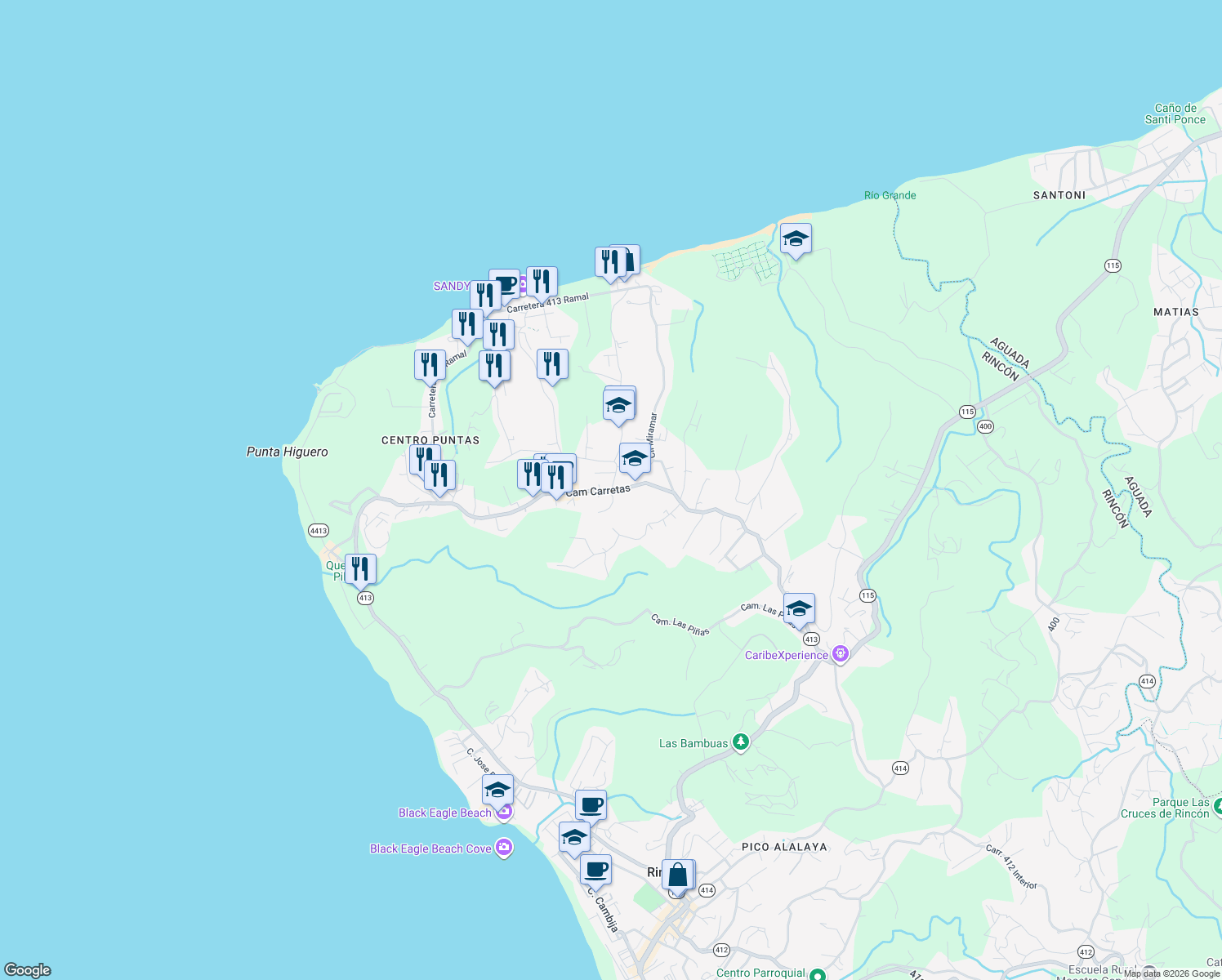 map of restaurants, bars, coffee shops, grocery stores, and more near in Puntas
