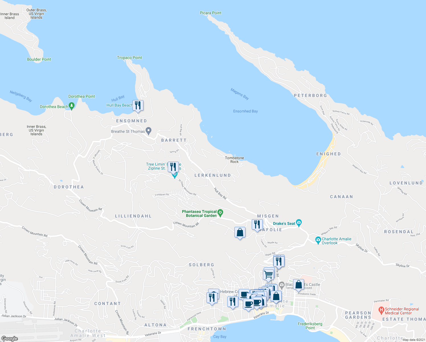 map of restaurants, bars, coffee shops, grocery stores, and more near Hull Bay Road in Northside