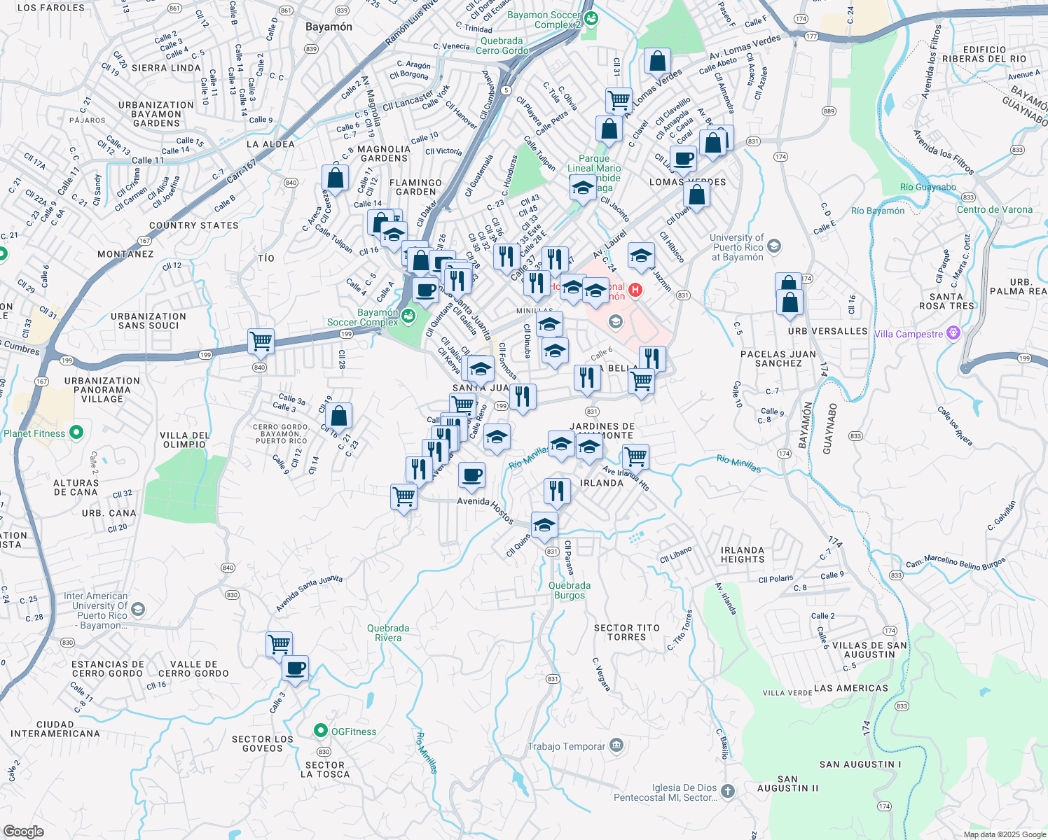 map of restaurants, bars, coffee shops, grocery stores, and more near in Bayamón