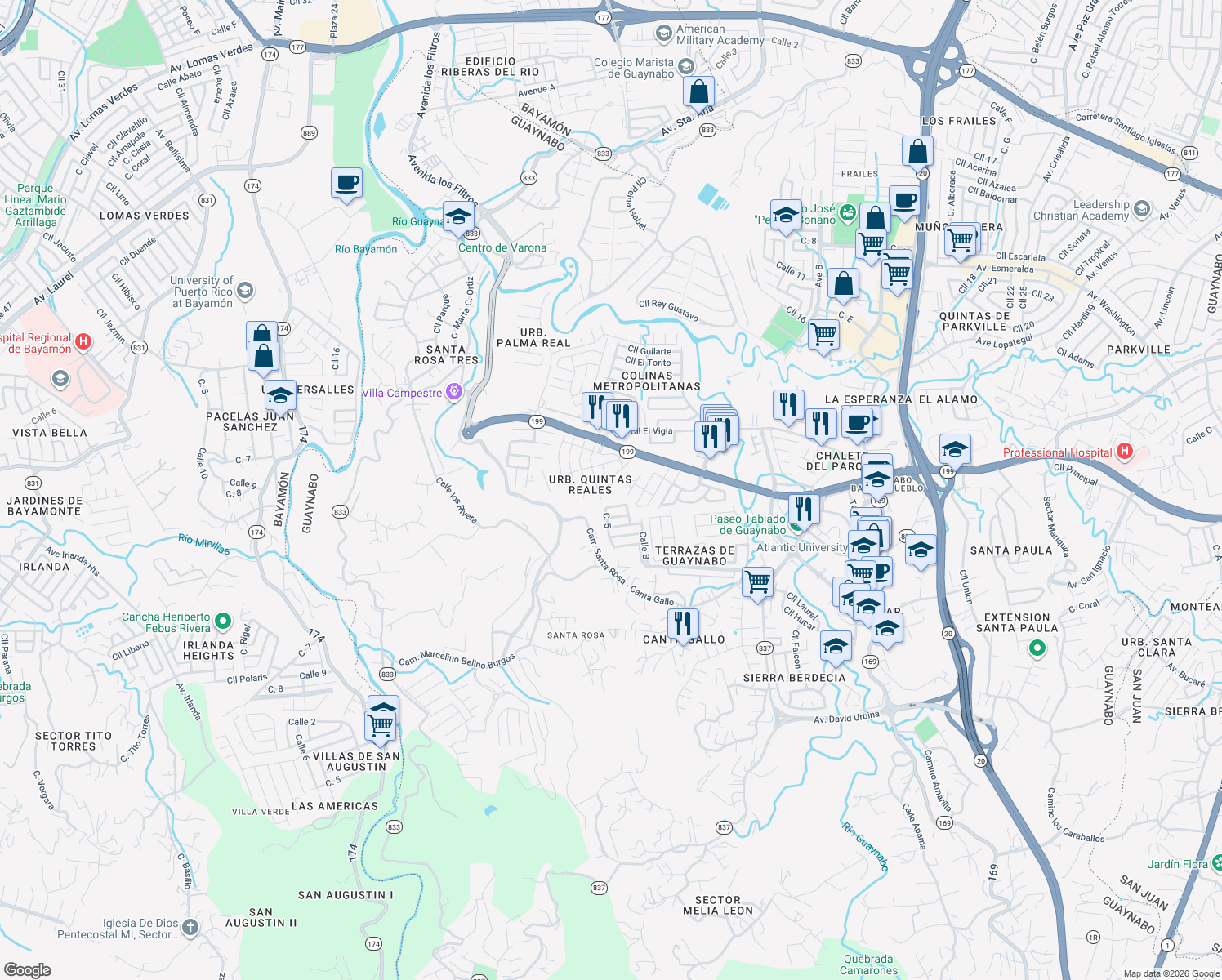 map of restaurants, bars, coffee shops, grocery stores, and more near plaza chalets 9 in Guaynabo