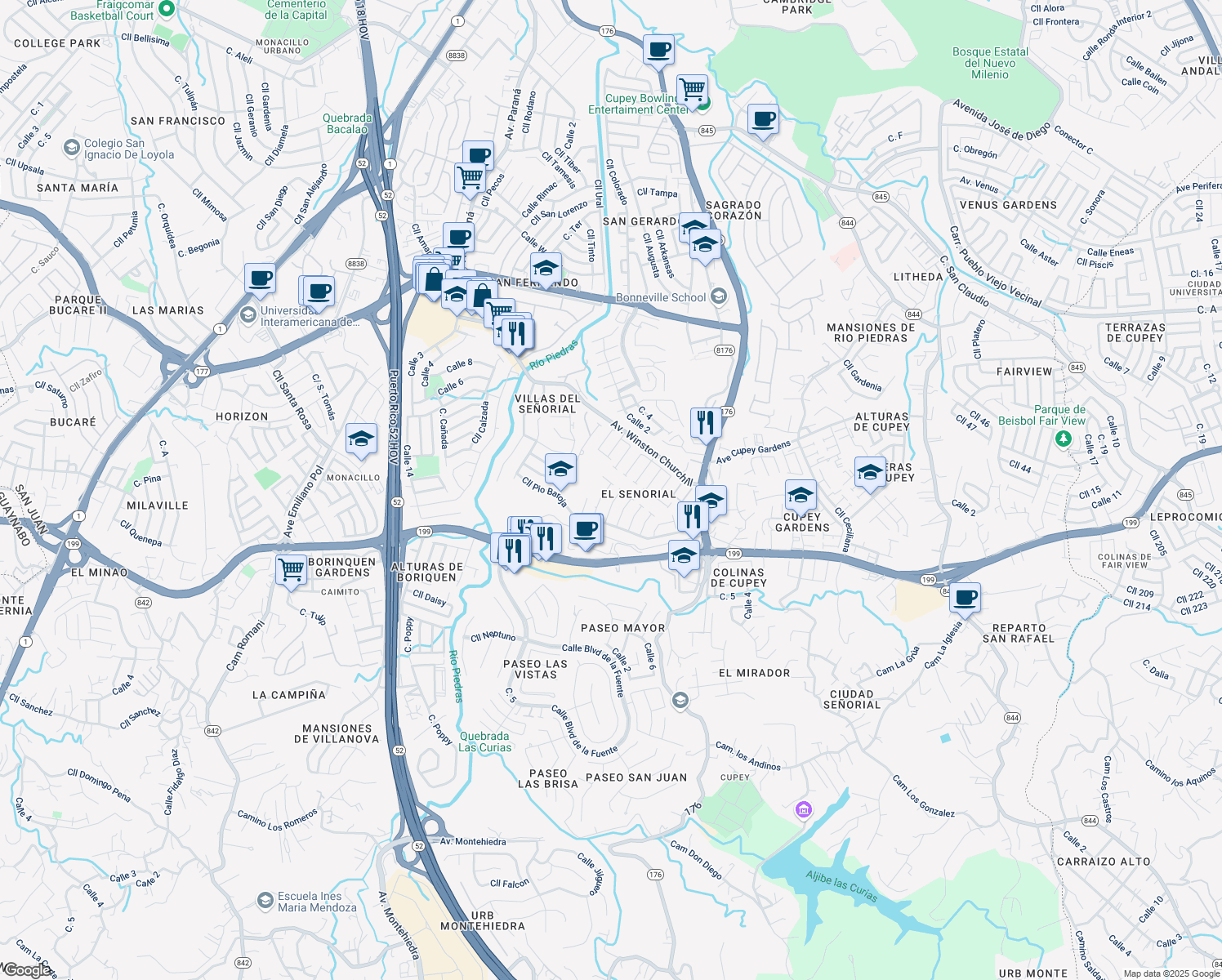map of restaurants, bars, coffee shops, grocery stores, and more near in San Juan