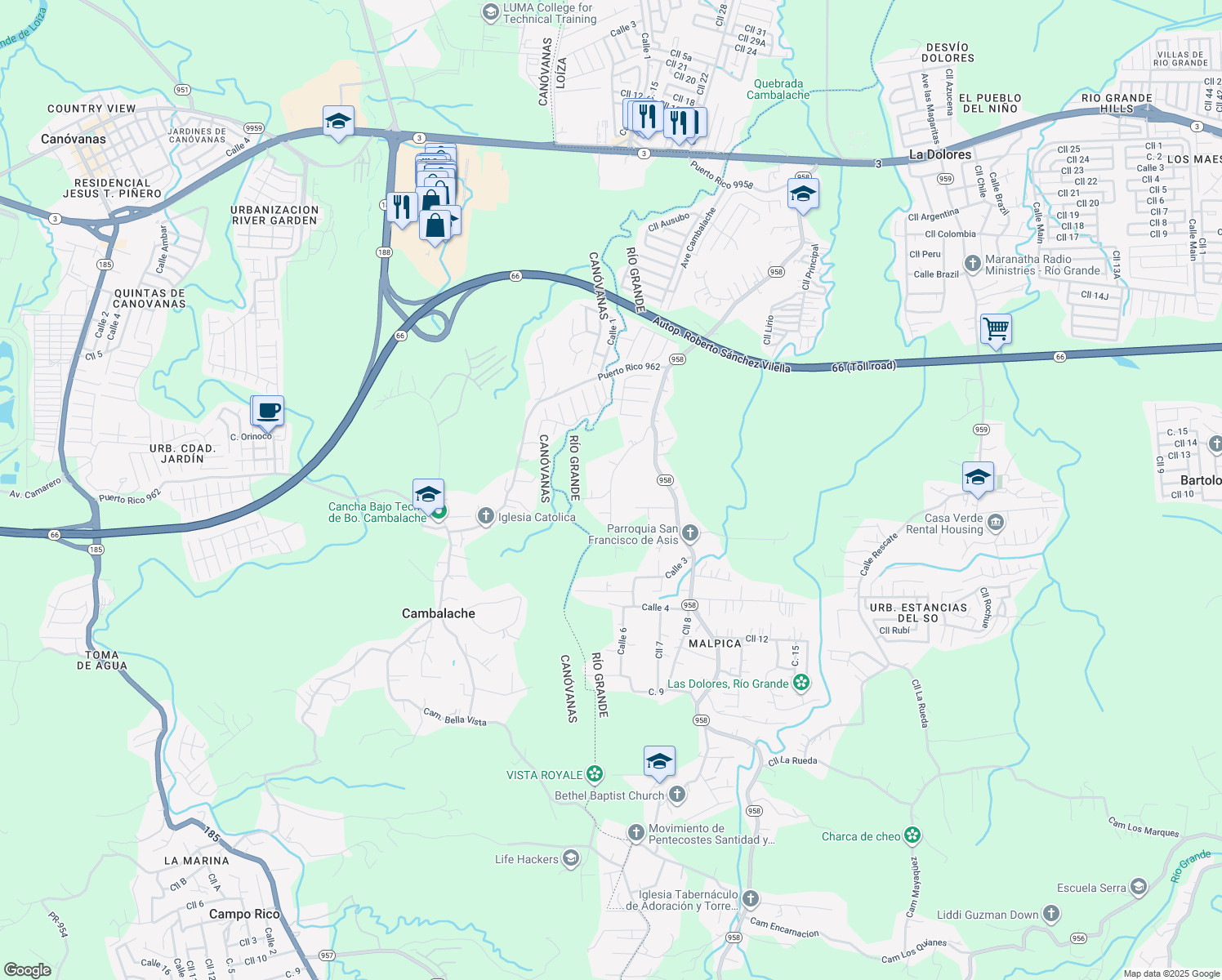 map of restaurants, bars, coffee shops, grocery stores, and more near Camino Monte Flores in Ciénaga Baja