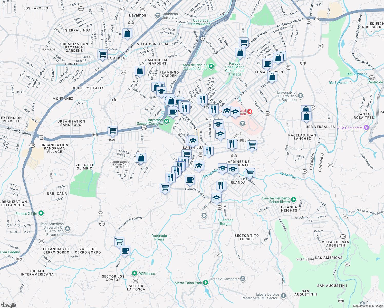 map of restaurants, bars, coffee shops, grocery stores, and more near in Bayamón