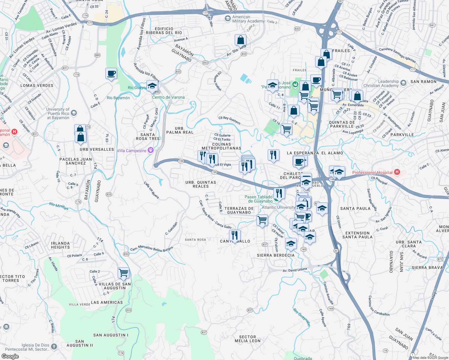 map of restaurants, bars, coffee shops, grocery stores, and more near Calle Reina Sofia in Guaynabo