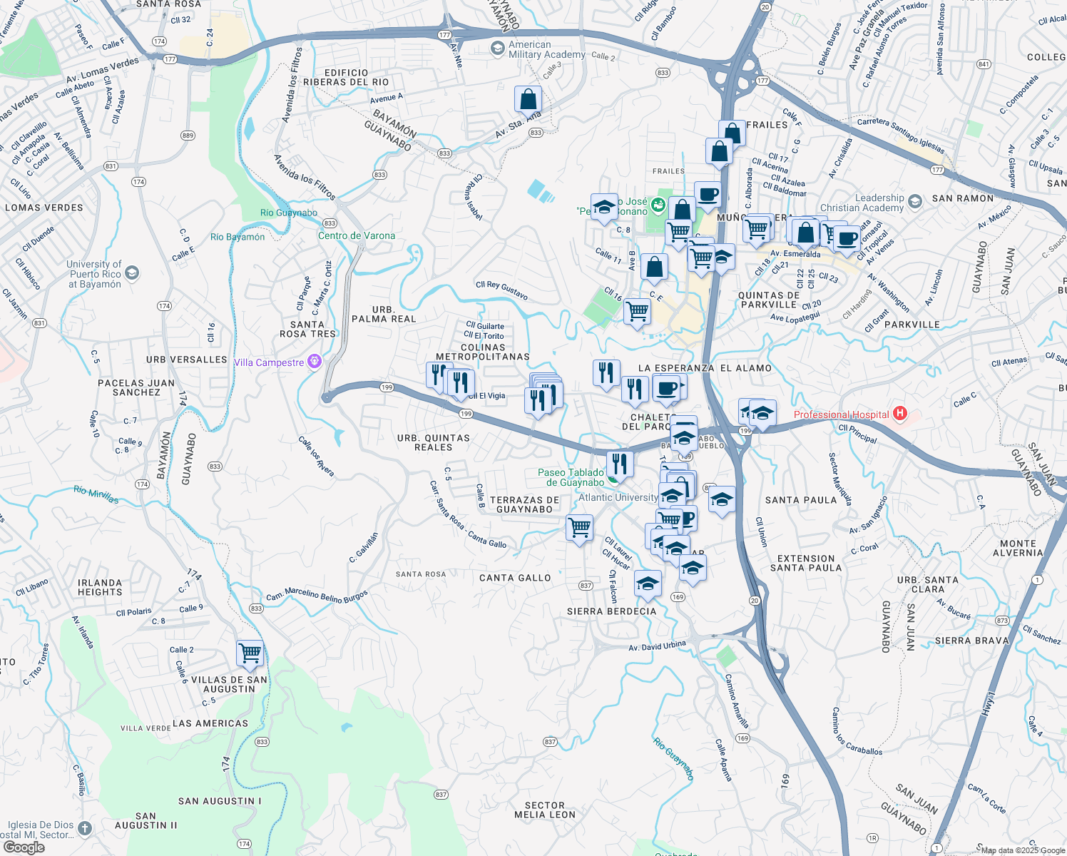 map of restaurants, bars, coffee shops, grocery stores, and more near Cll Reina Sofia in Guaynabo