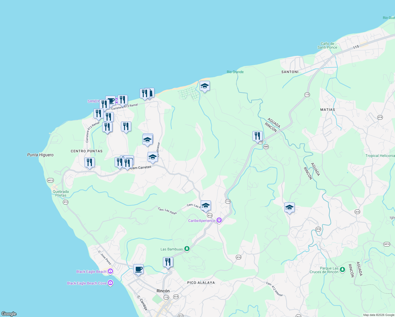 map of restaurants, bars, coffee shops, grocery stores, and more near Sec Cuchillo Piña in Aguada