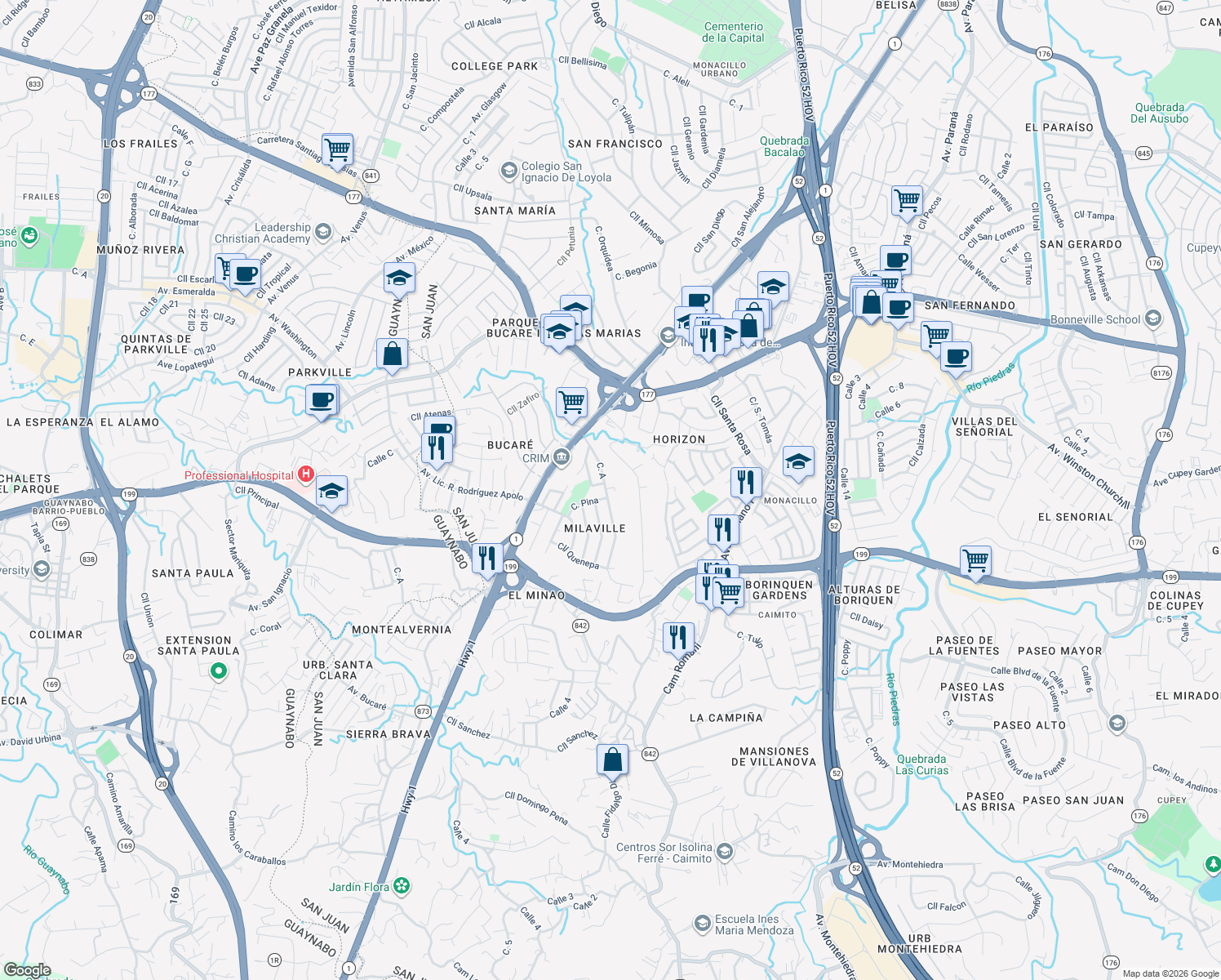 map of restaurants, bars, coffee shops, grocery stores, and more near 12 Calle A in San Juan