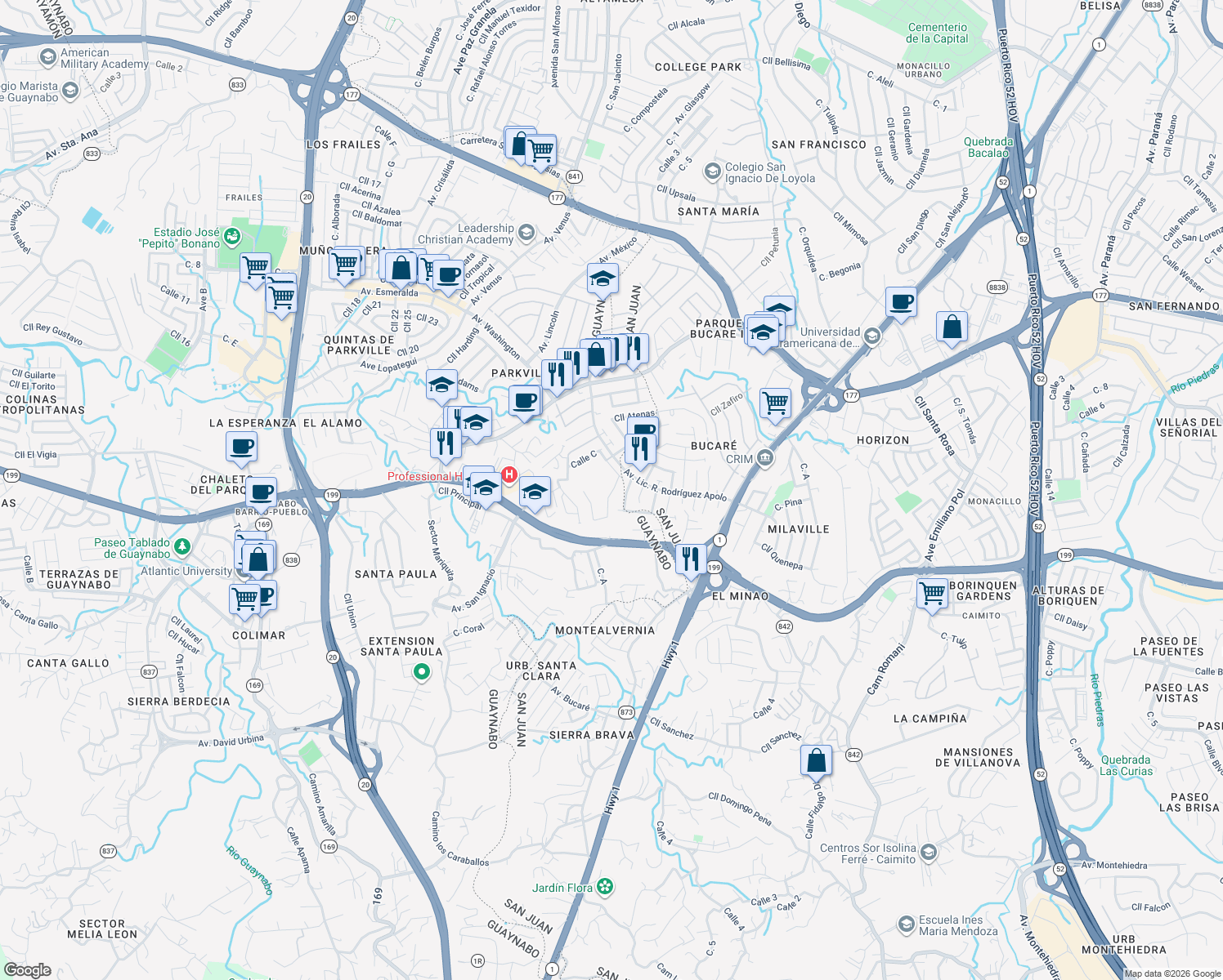 map of restaurants, bars, coffee shops, grocery stores, and more near Calle B in Guaynabo
