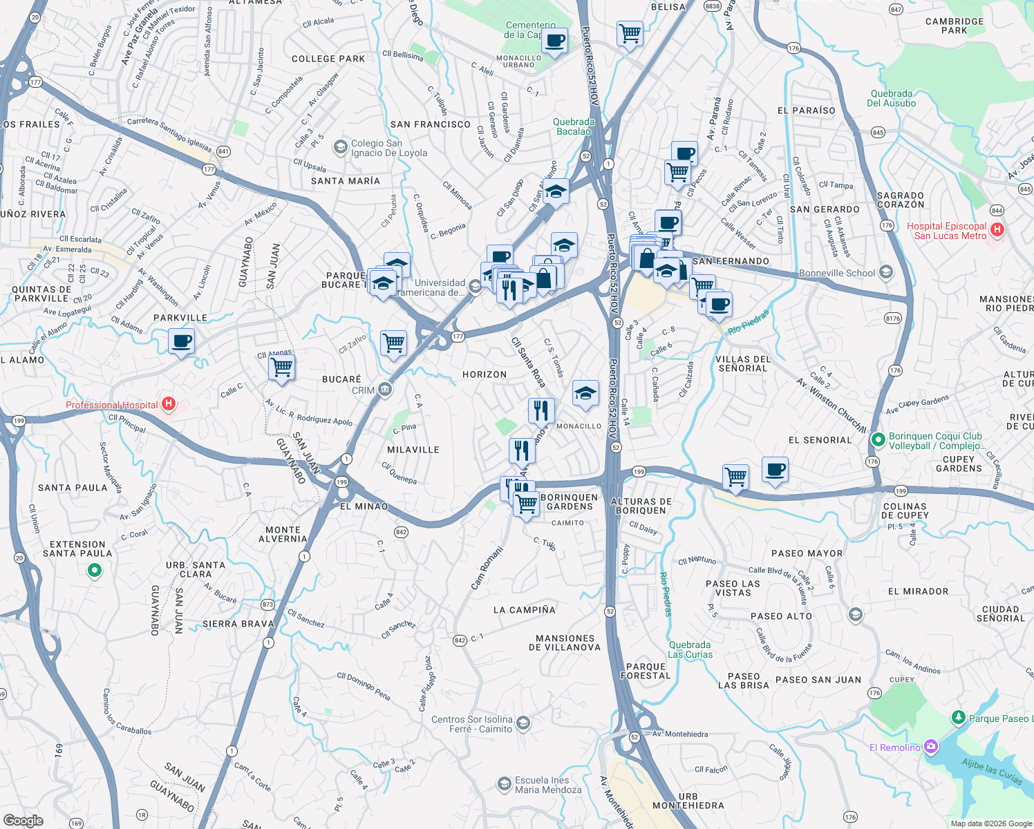 map of restaurants, bars, coffee shops, grocery stores, and more near 159 Calle Pirineos in San Juan