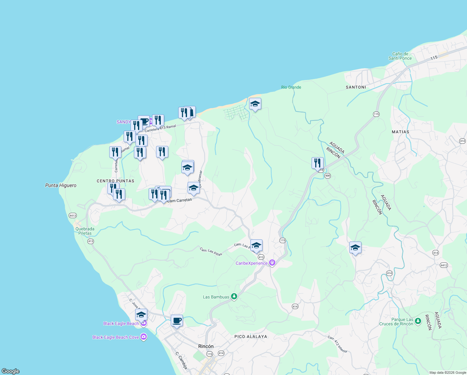 map of restaurants, bars, coffee shops, grocery stores, and more near Sec Cuchillo Piña in Aguada