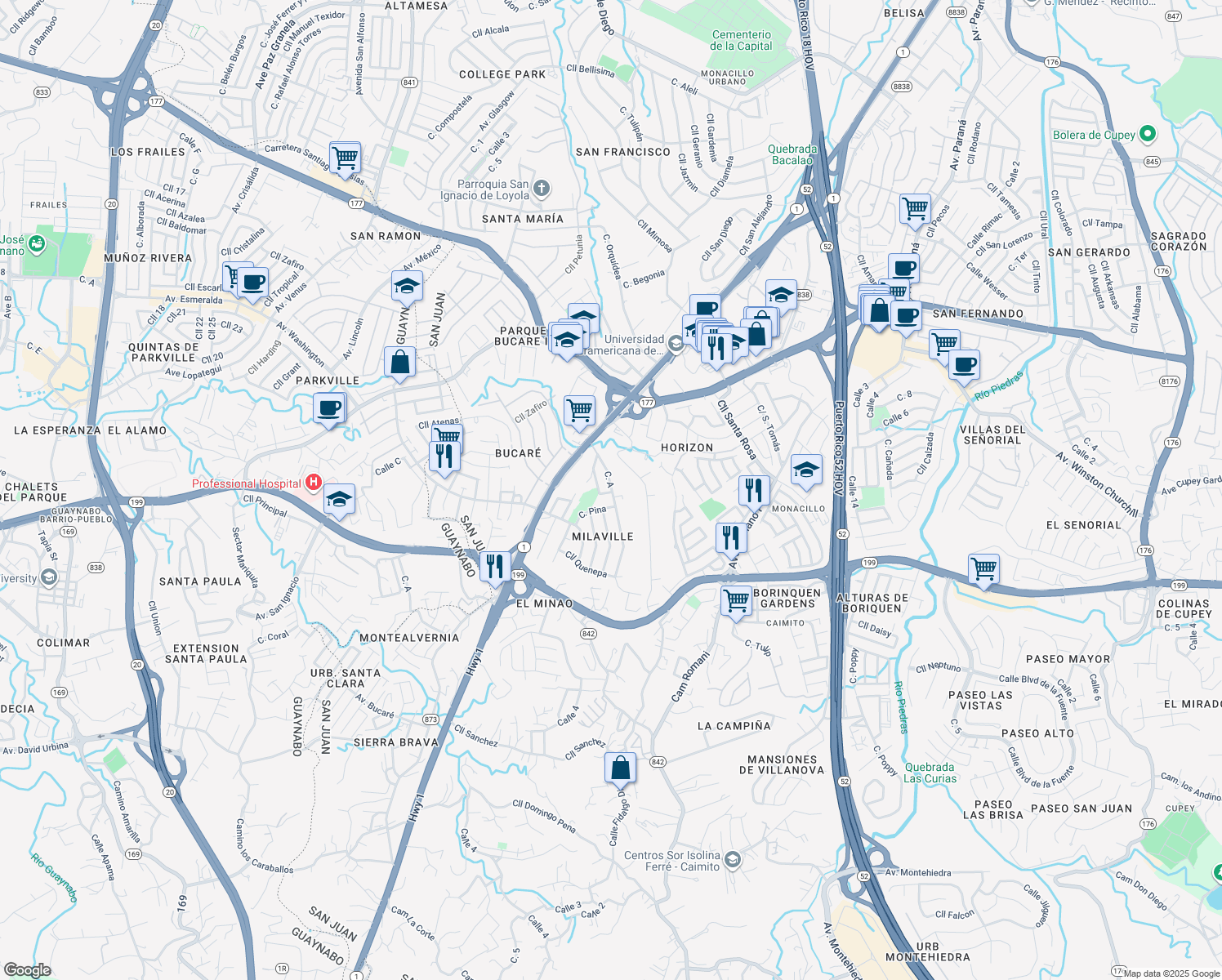 map of restaurants, bars, coffee shops, grocery stores, and more near 10 Calle A in San Juan