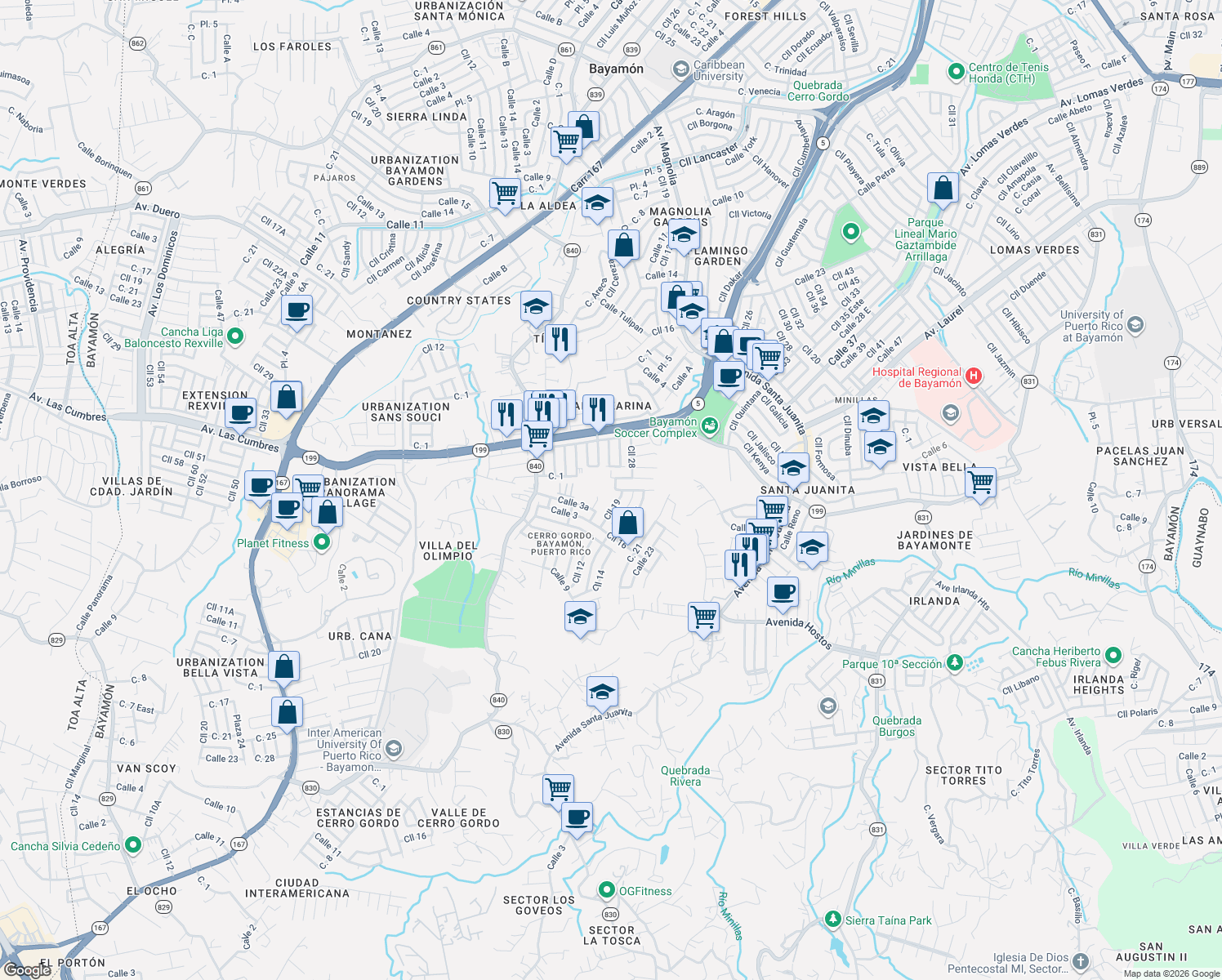 map of restaurants, bars, coffee shops, grocery stores, and more near 3 Calle 3 in Bayamón